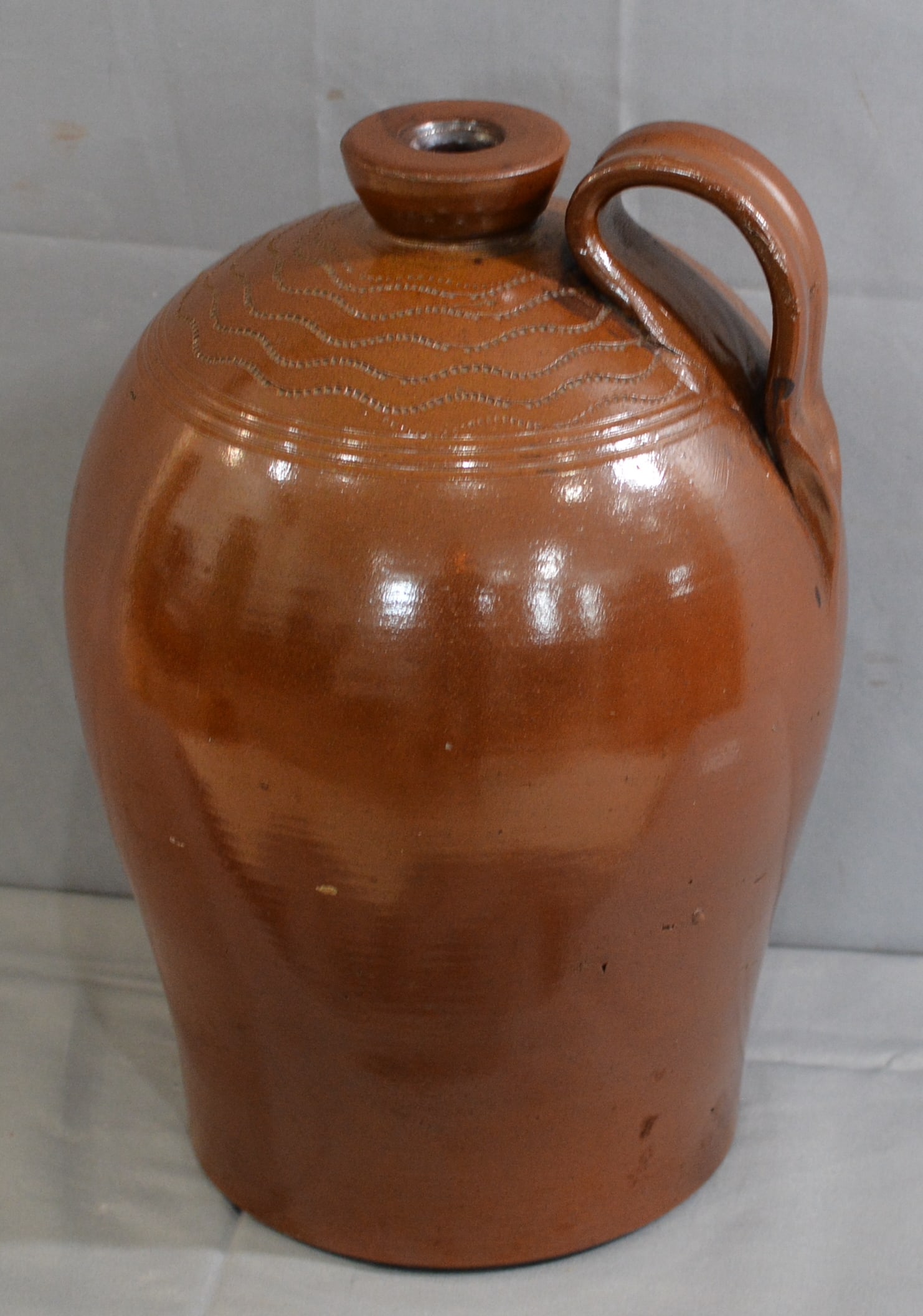 Redware 2 gallon Jug, incised around the top, salt glazed finish, (1 of 6)