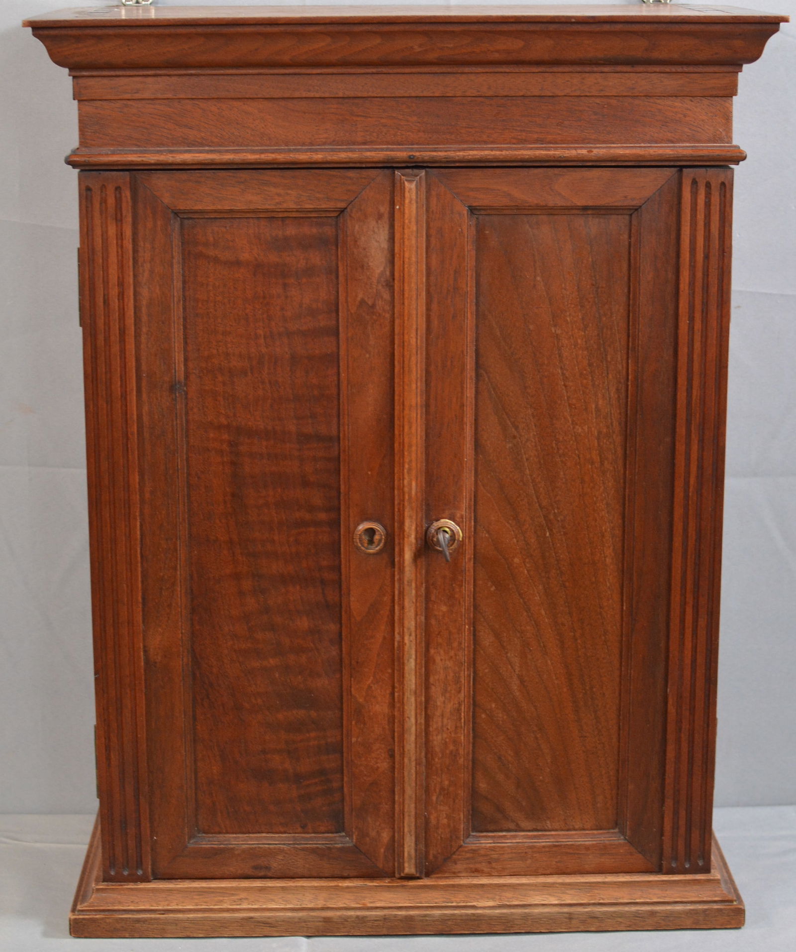 Double door hanging walnut cupboard, dovetailed case, chamfered panel doors, brass hardware, 2 inner (1 of 5)