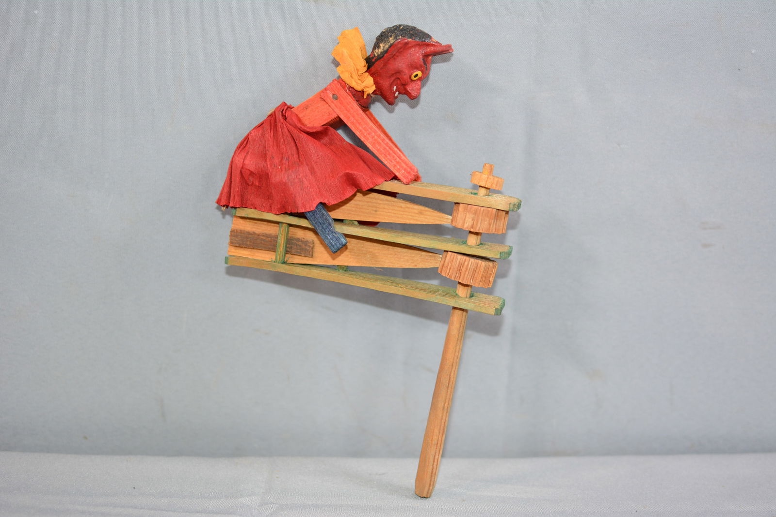 Vintage German Halloween Noise Maker, composition head Krampus ratchet noise maker, ruffled crepe: Vintage German Halloween Noise Maker, composition head Krampus ratchet noise maker, ruffled crepe paper collar and skirt, 6"x6"