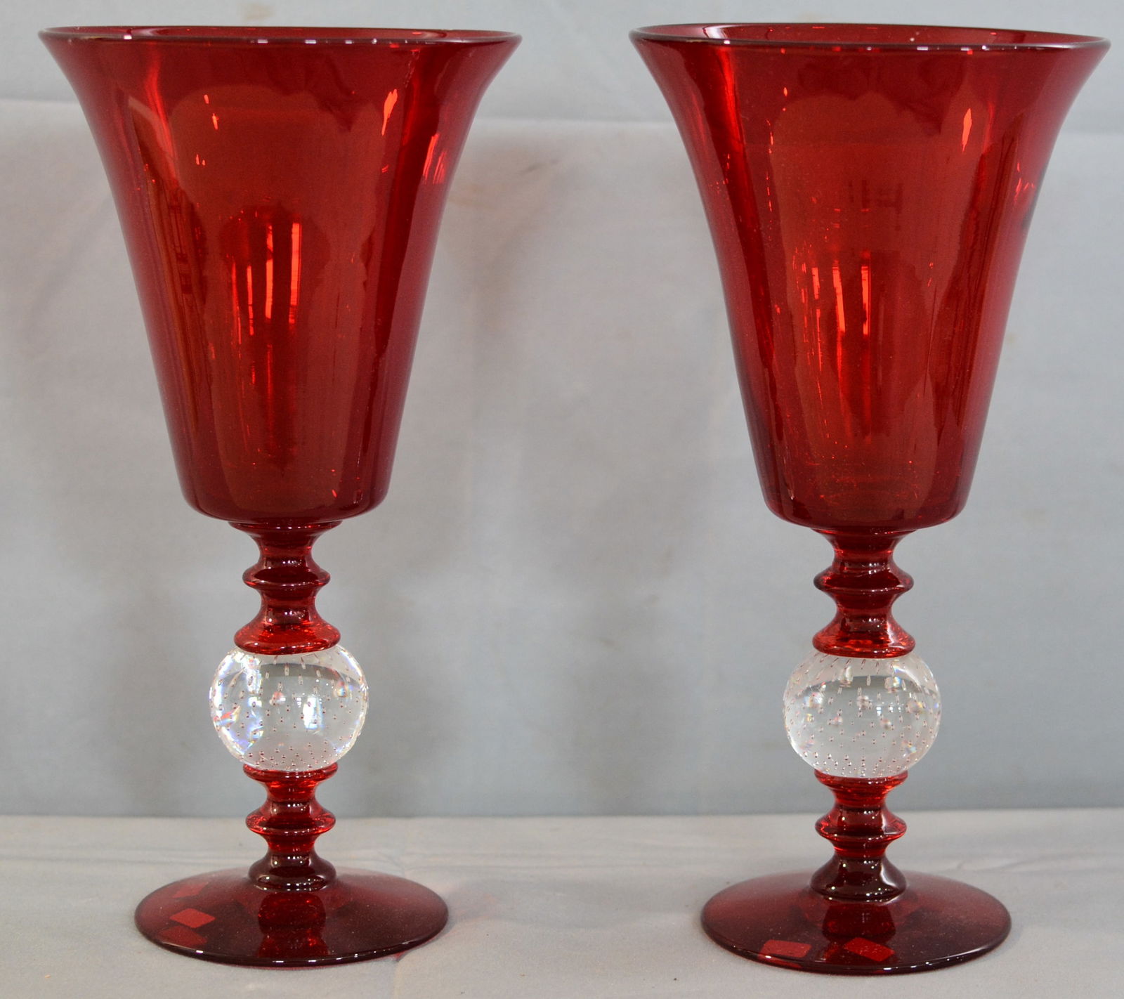Match pair of Pairpoint Ruby Glass Vases, controlled bubble ball stem, trumpet shaped body, 6"x12" (1 of 3)
