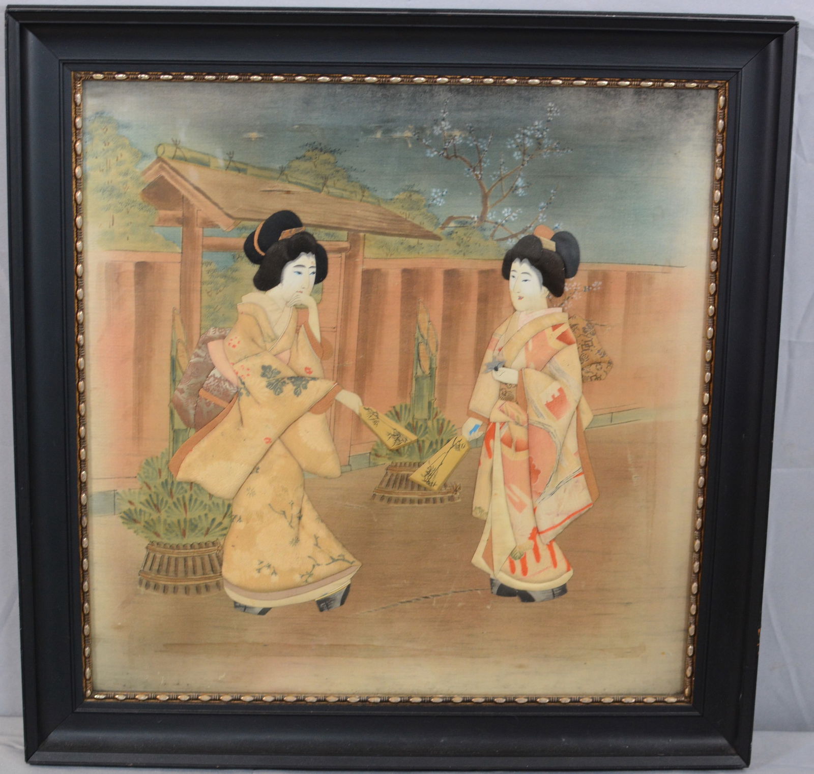 Early 1900's framed silk work of 2 Japanese women. Traditional painted silk in black lacquer & (1 of 5)