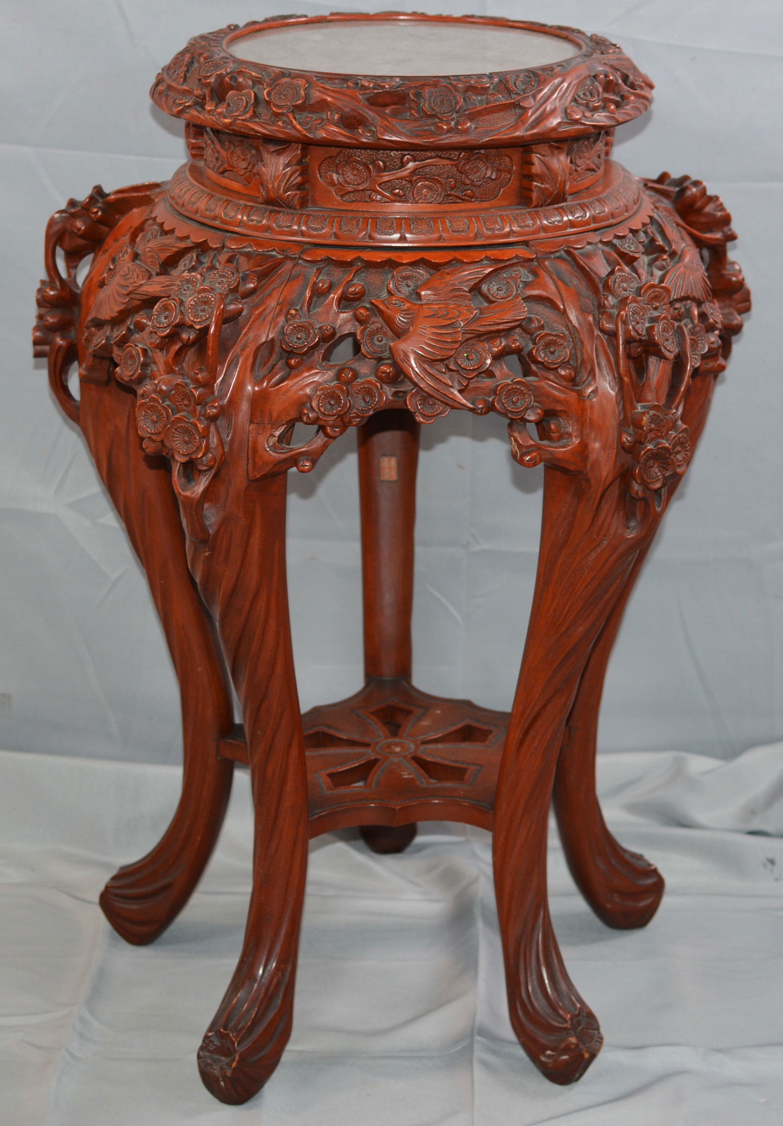 Early 1900's Japanese Carved Table. Carved in floral motif with birds, marble insert top, Hinoki (1 of 6)