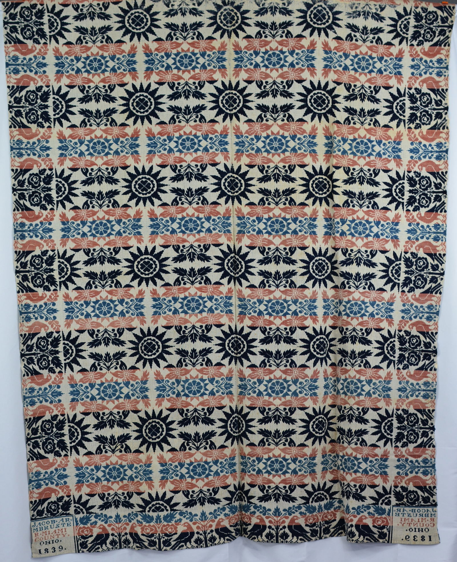 Jacquard 1839 Maimi County Ohio coverlet woven by Jacob Armbruster w/ bird & tree border 4 color. (1 of 4)