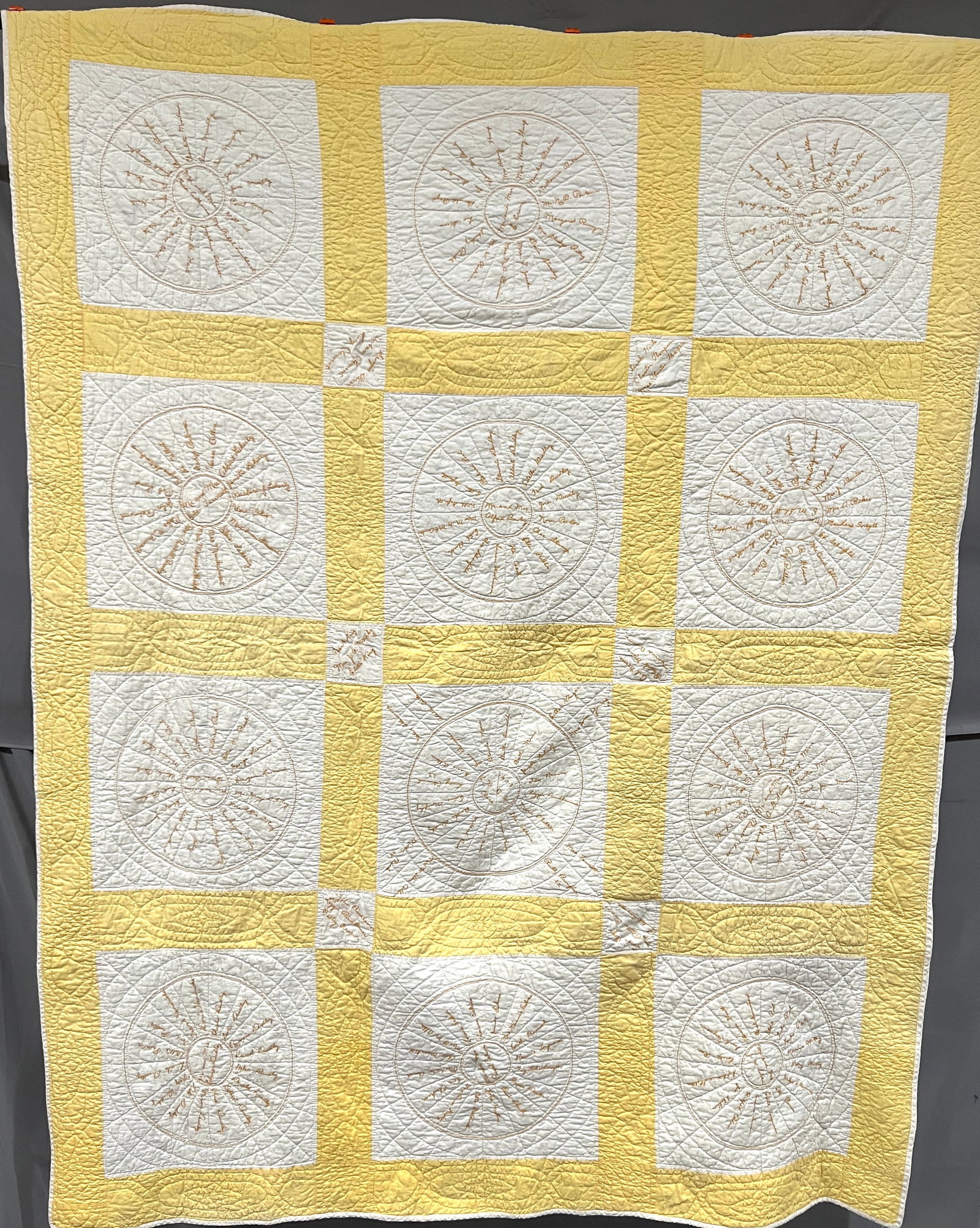 Yellow and White Signature or Names Quilt , Butlerville, IN LUBA Methodist Church, 1933, 82"X62" (1 of 4)