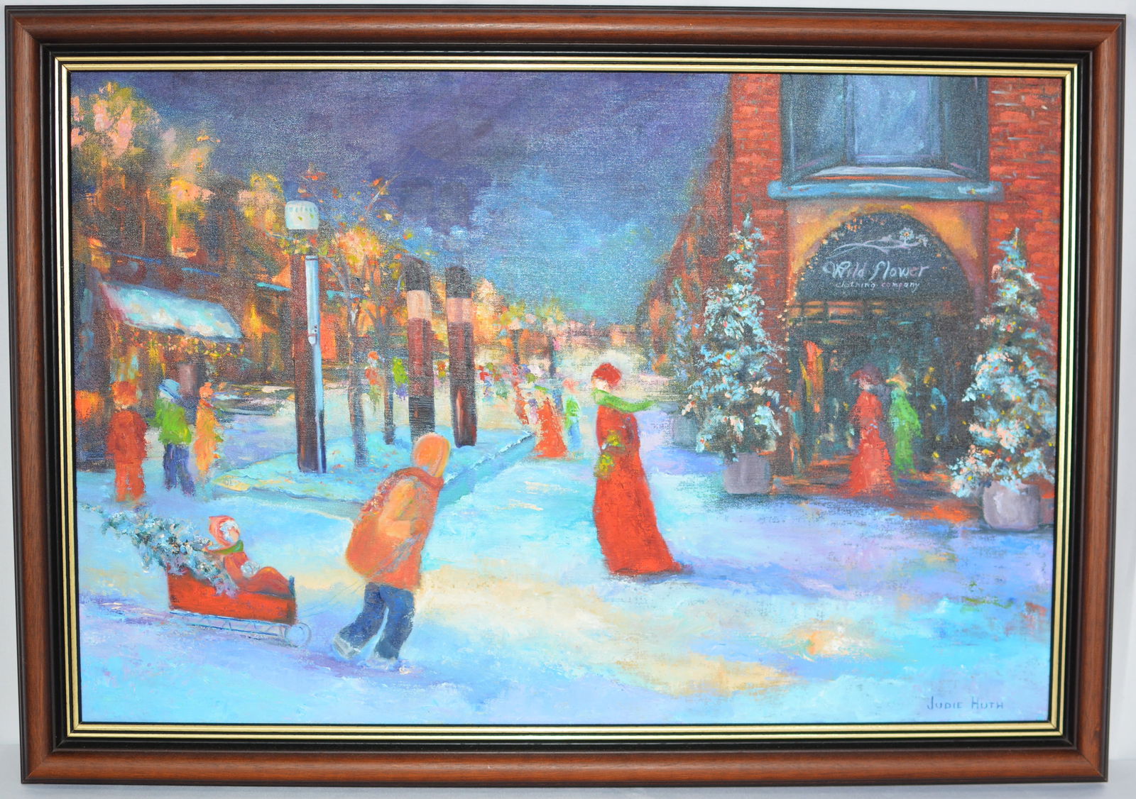 Oil on Canvas Painting by Judie Huth, "Christmas , Old Fort Collins" winter scene signed by Judie: Oil on Canvas Painting by Judie Huth, "Christmas , Old Fort Collins" winter scene signed by Judie Huth, professionally framed.