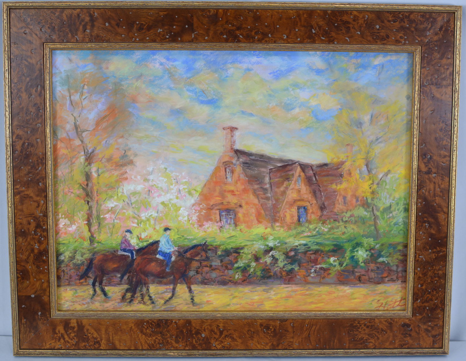 Framed Pastel Impressionist Painting by Judie Huth, "The Cottage" with horses and riders, signed (1 of 5)