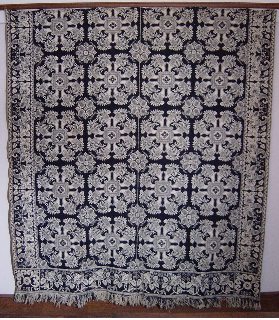 1853 John Rogers Washington Township, Wayne Co. Indiana date corner blocks with cornucopia border,: 1853 John Rogers Washington Township, Wayne Co. Indiana date corner blocks with cornucopia border, 86"X79"