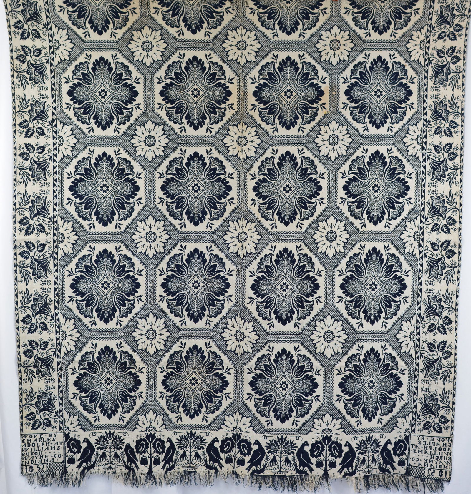 1852 Coverlet Charles Adolf indigo dyed wool, "Wove By Charles Adolph at Williamsburg, Wayne Co.: 1852 Coverlet Charles Adolf indigo dyed wool, "Wove By Charles Adolph at Williamsburg, Wayne Co. Indiana, 1852. 78" x 84"