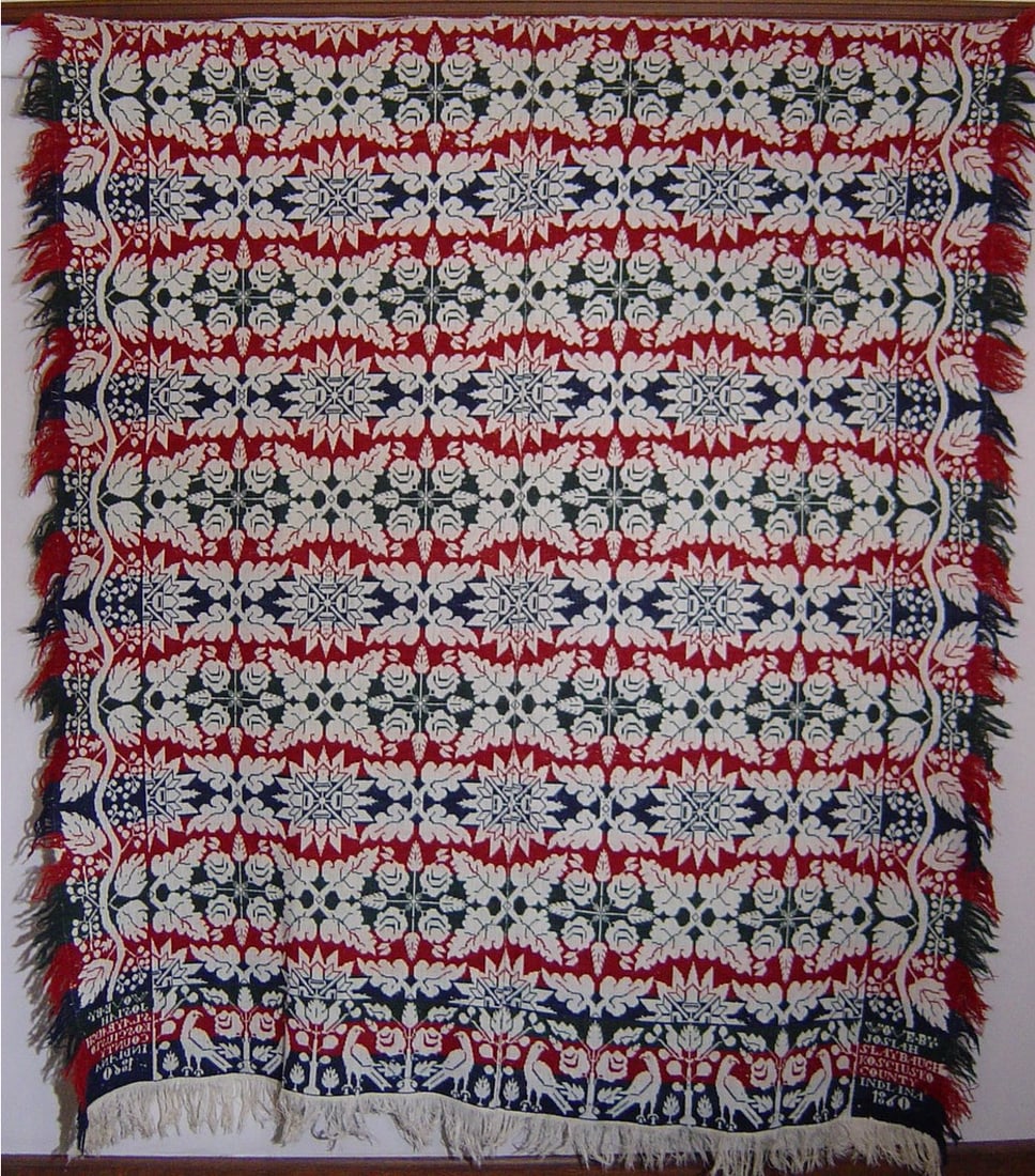 1860 coverlet by Josiah Slaybaugh, indigo, red, and green dyed wool, natural cotton, "WOVE BY JOSIAH (1 of 2)