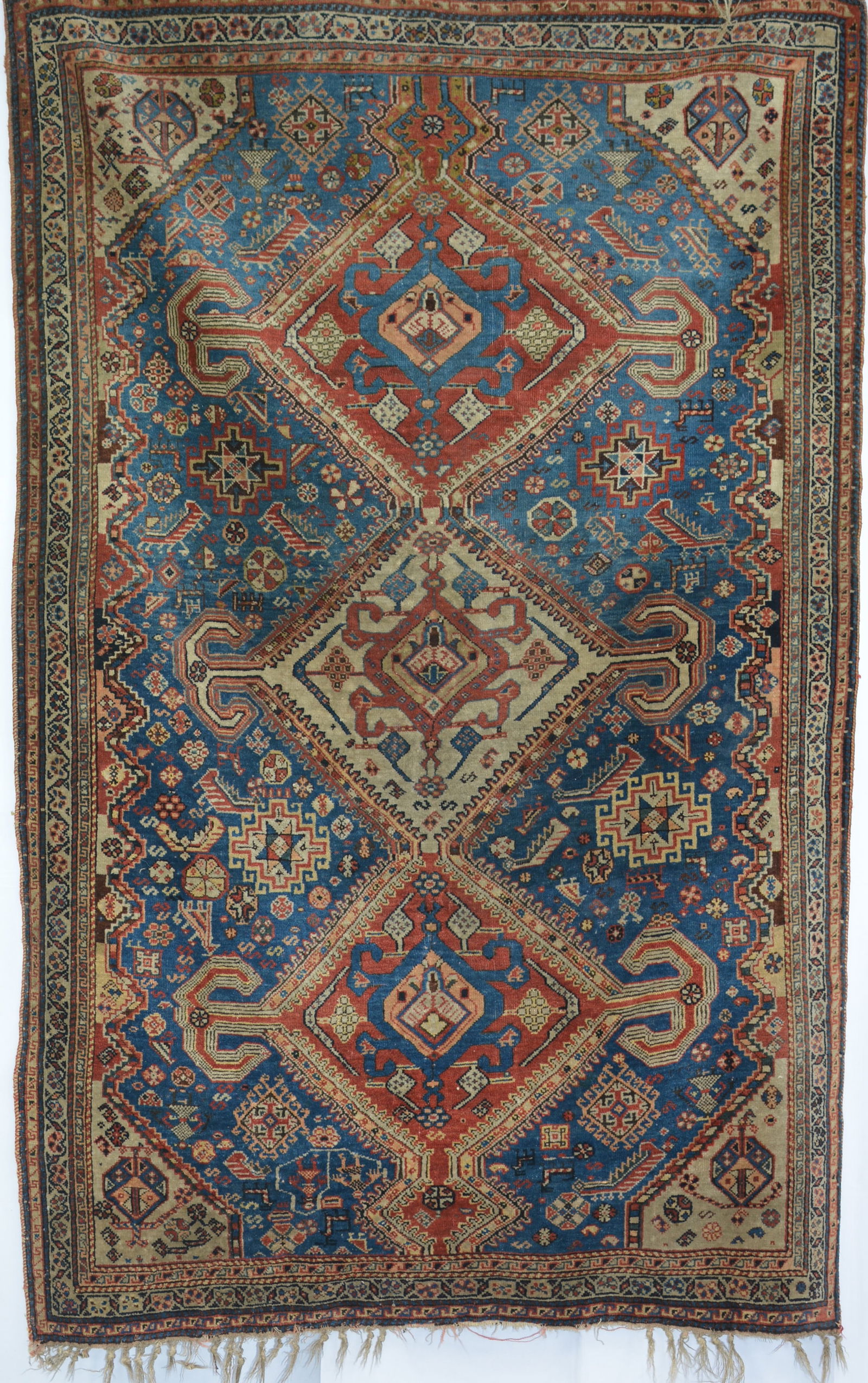 Kazakh or Shirvan 1880s Caucasian handwoven tribal pattern, vegetable dye rug. Some fringe loss. (1 of 8)