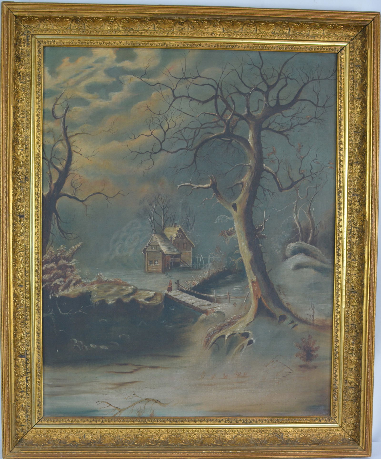 Oil on Canvas of a Girl on a Bridge, copy of a painting by 19th century American, painter George (1 of 8)