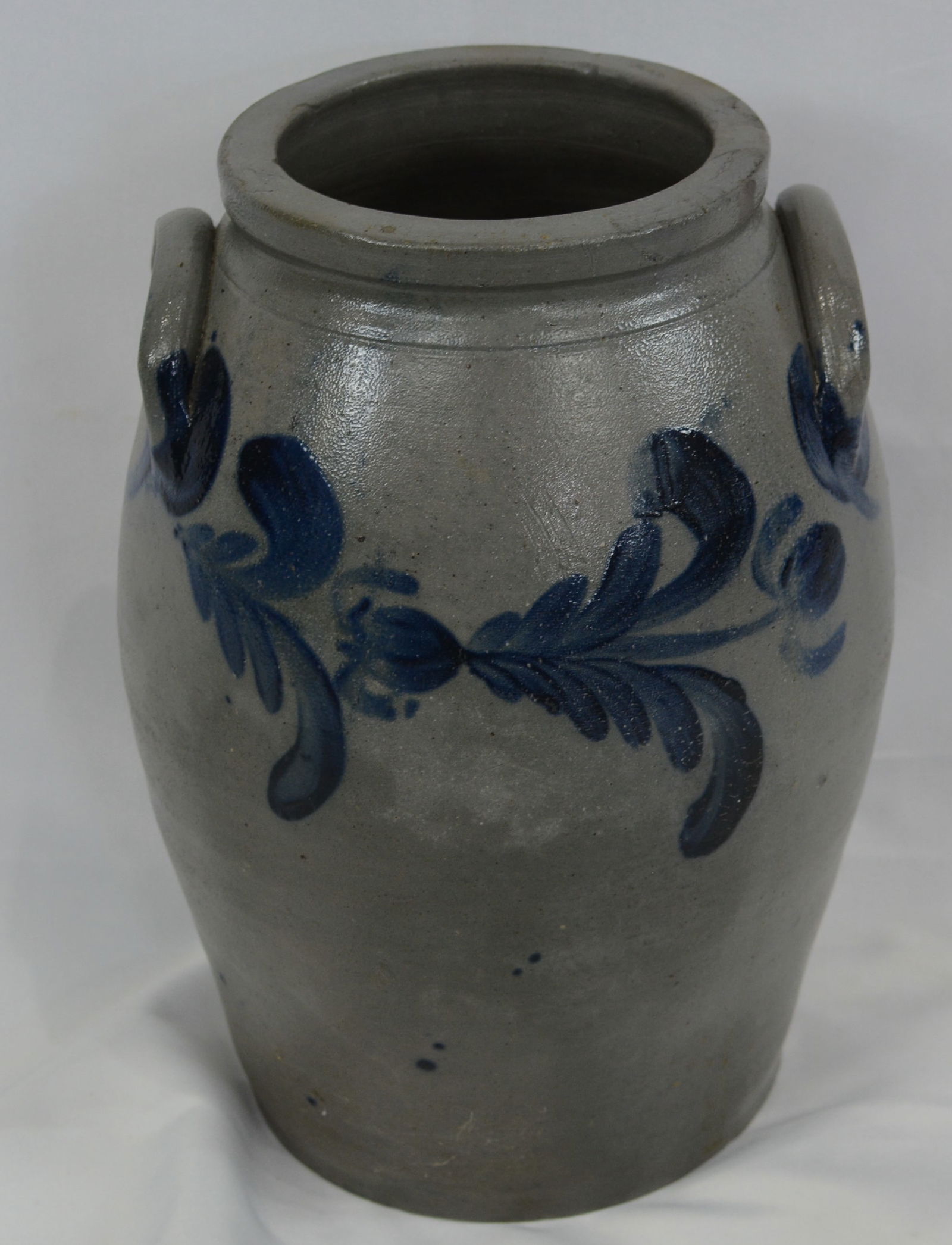 2 handled blue decorated stoneware jar with thumbprint design, incised #3 near the applied handle, (1 of 6)