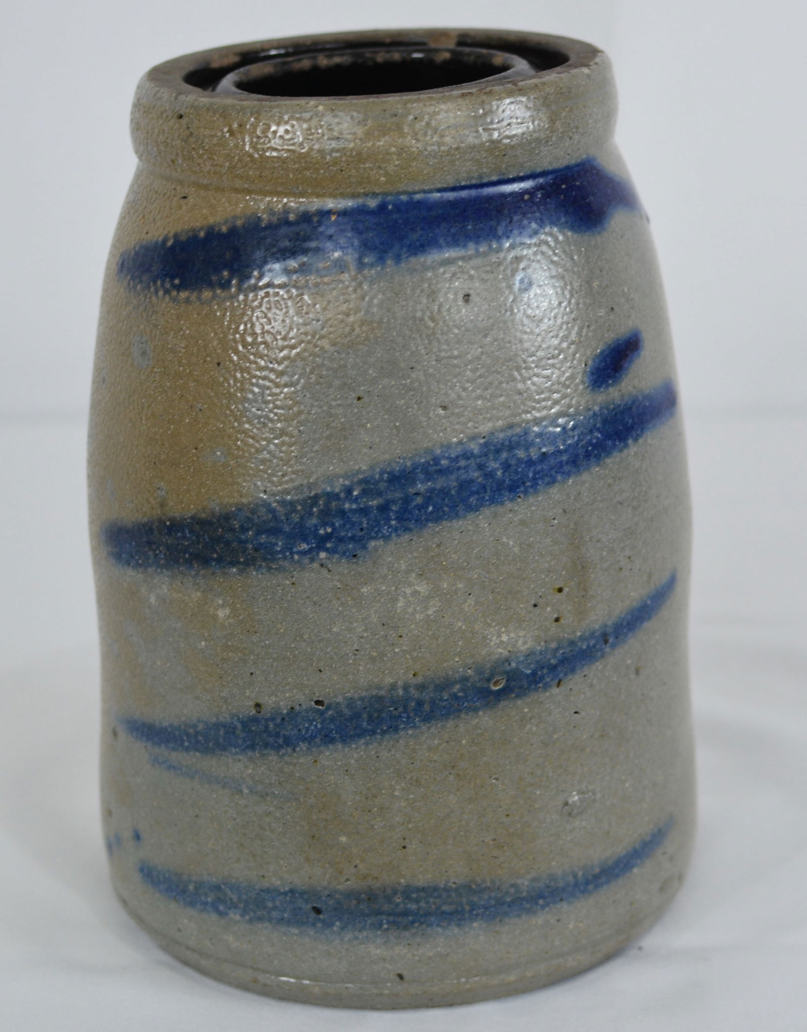 1880's Blue Decorated Stoneware Wax Sealer Jar tapered to top with 4 stripes, 4"x7": 1880's Blue Decorated Stoneware Wax Sealer Jar tapered to top with 4 stripes, 4"x7"
