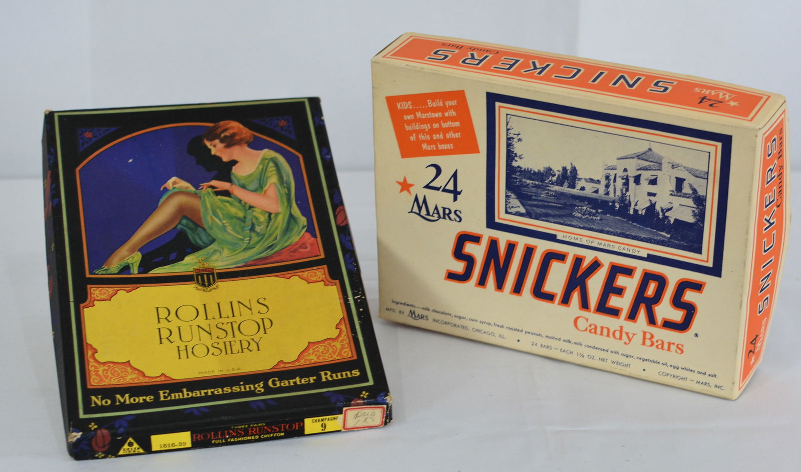 Vintage Advertising Boxes, 1920's Art Deco Rollins Run Stop Hosiery Box, 1950" Mars Snickers Candy: Vintage Advertising Boxes, 1920's Art Deco Rollins Run Stop Hosiery Box, 1950" Mars Snickers Candy Bar Box, 10"x8"x2"