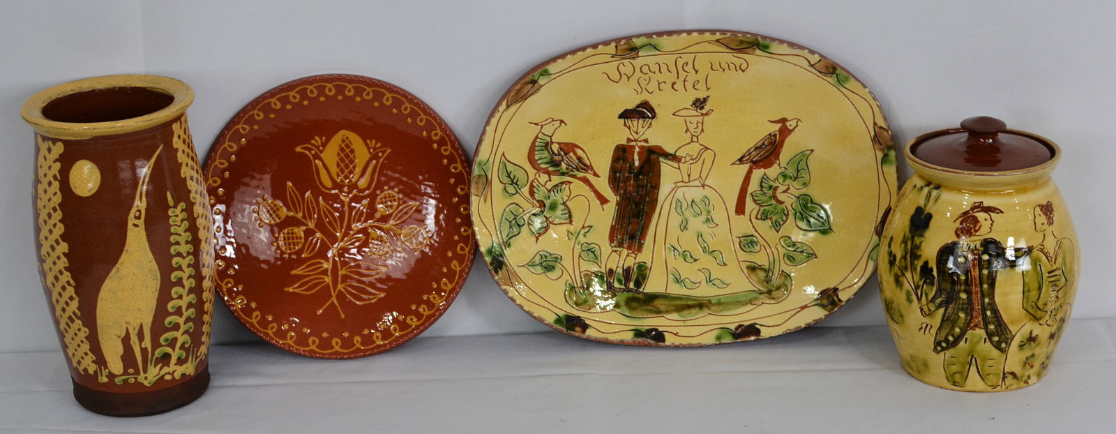 4 Redware Decorated Items, Wisconsin Pottery vase with crane, Platters, and covered jar, various (1 of 12)
