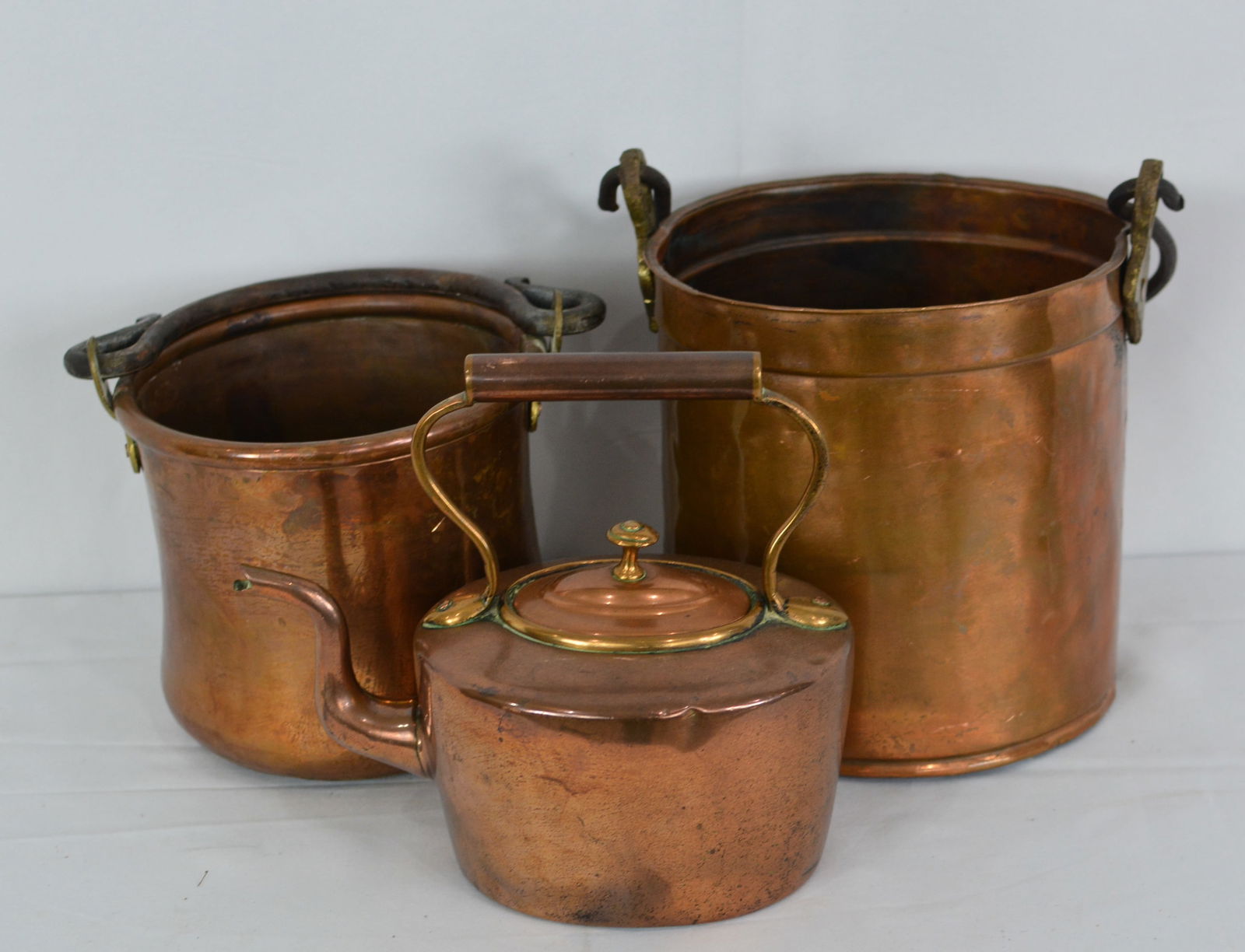 Copper Kettle and Vessels, gooseneck kettle, 2 copper vessels with bail handles, 6"x8" (1 of 4)