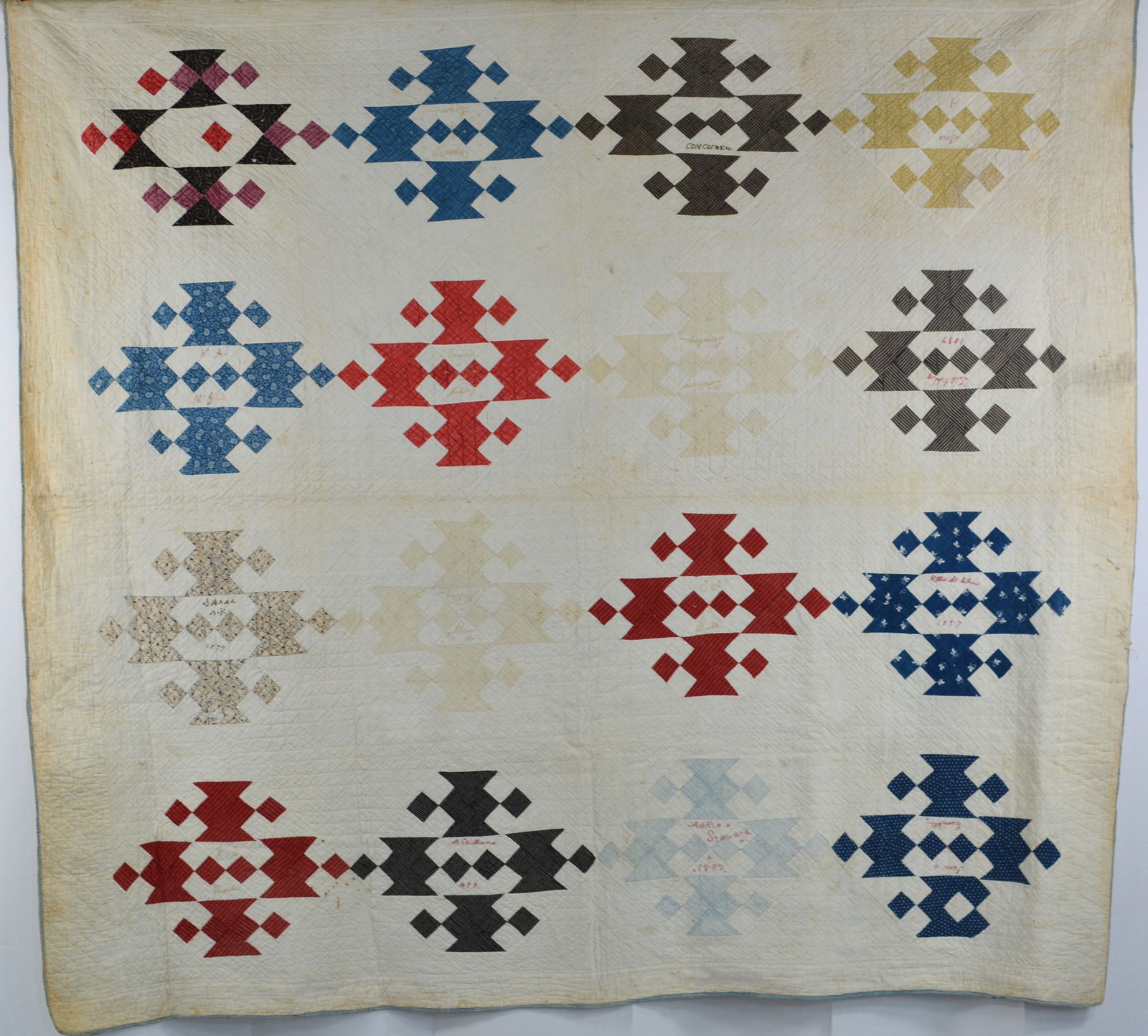1897 Names Quilt 16 geometrical block w/ names & dates 82" x 74": 1897 Names Quilt 16 geometrical block w/ names & dates 82" x 74"