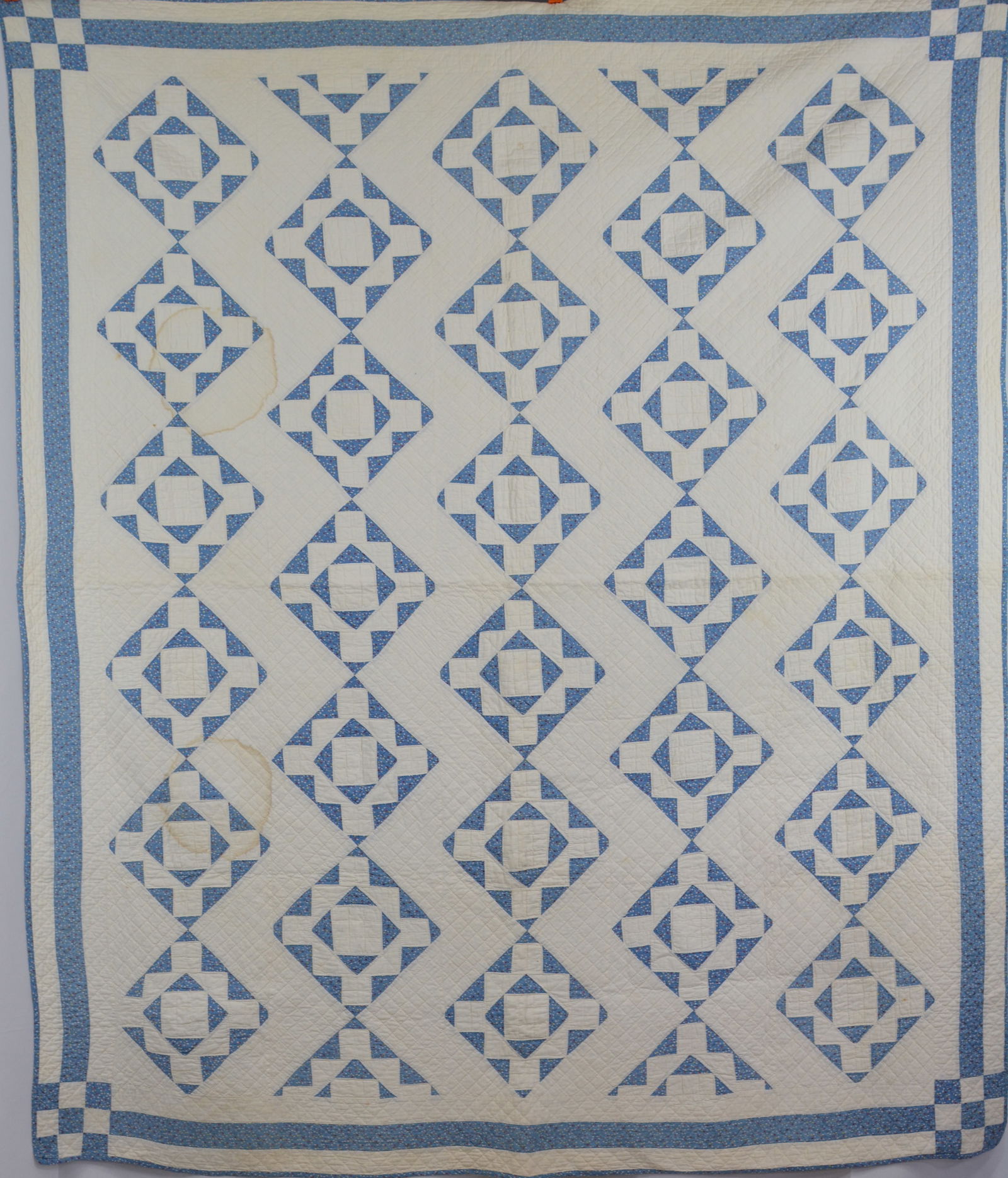 Early 1900s Diamond in a Square Pattern Quilt w/ 9 patch corner block, blue w/ calico border. 79"L (1 of 6)