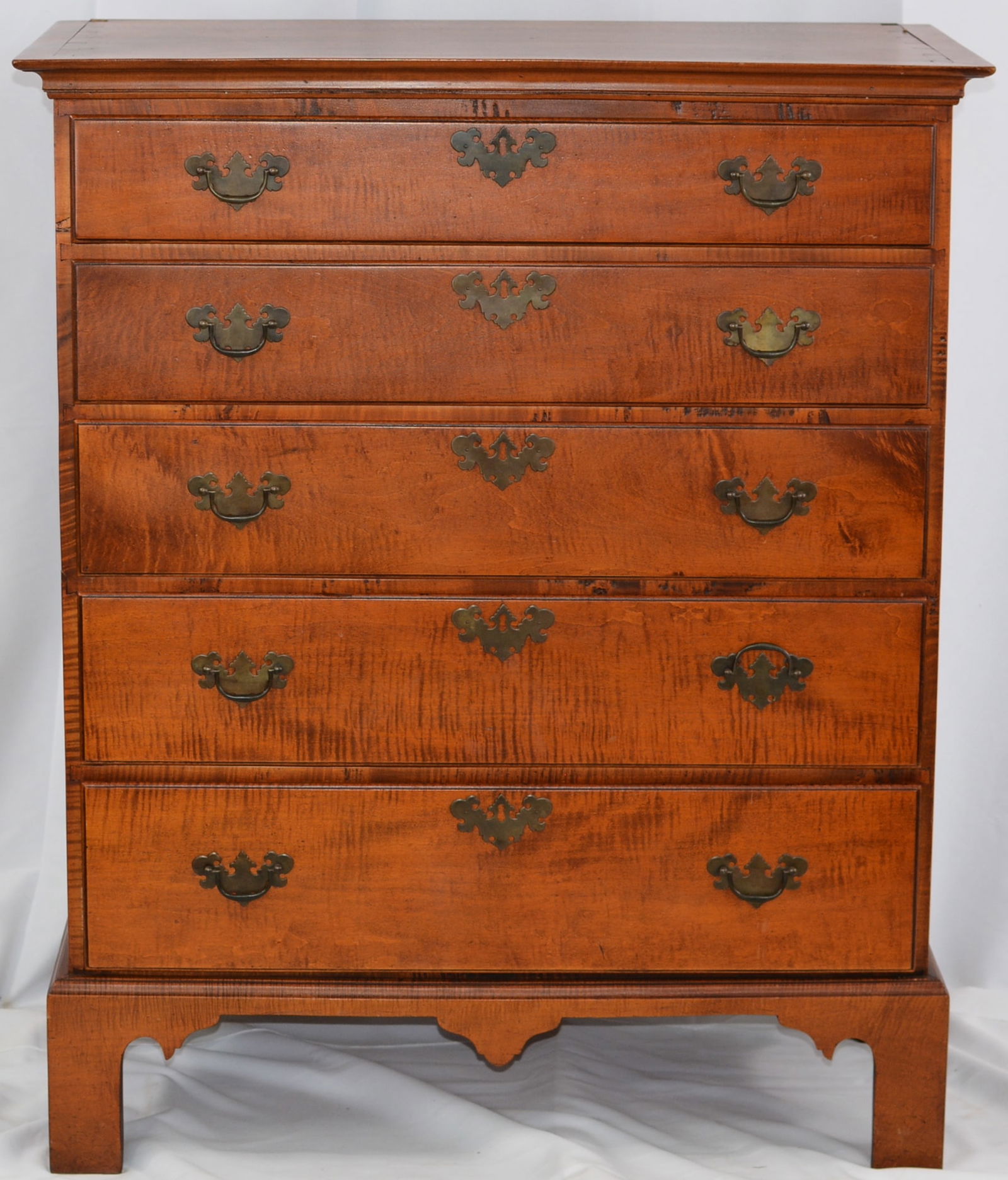 Tiger Maple Chippendale set of 5 drawers, brass hardware, dovetailed case and drawers, the back has: Tiger Maple Chippendale set of 5 drawers, brass hardware, dovetailed case and drawers, the back has the David T Smith Shops stamp, 38"W x 46"T x 20"D
