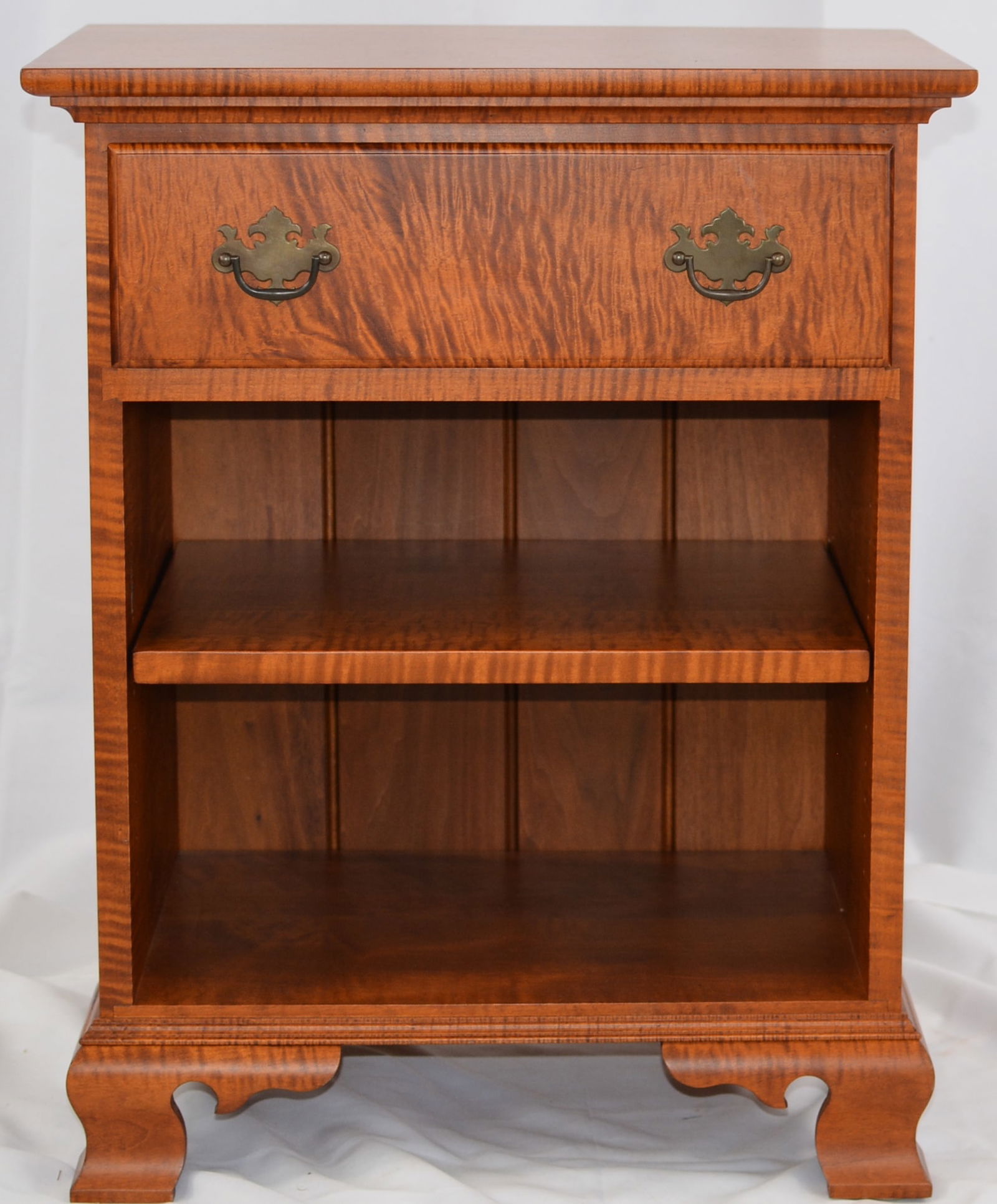 Contemporary Tiger Maple One Drawer Stand, Chippendale style with open bottom, single drawer with: Contemporary Tiger Maple One Drawer Stand, Chippendale style with open bottom, single drawer with brass pulls, 24"W x 30"T x 17"D