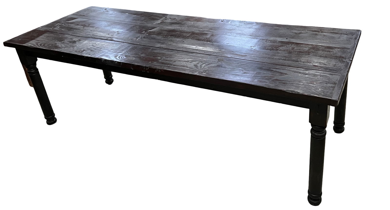 Pine harvest table with bread board top and turned legs, dark finish, 92"W x 34"T x 30.5D (1 of 4)