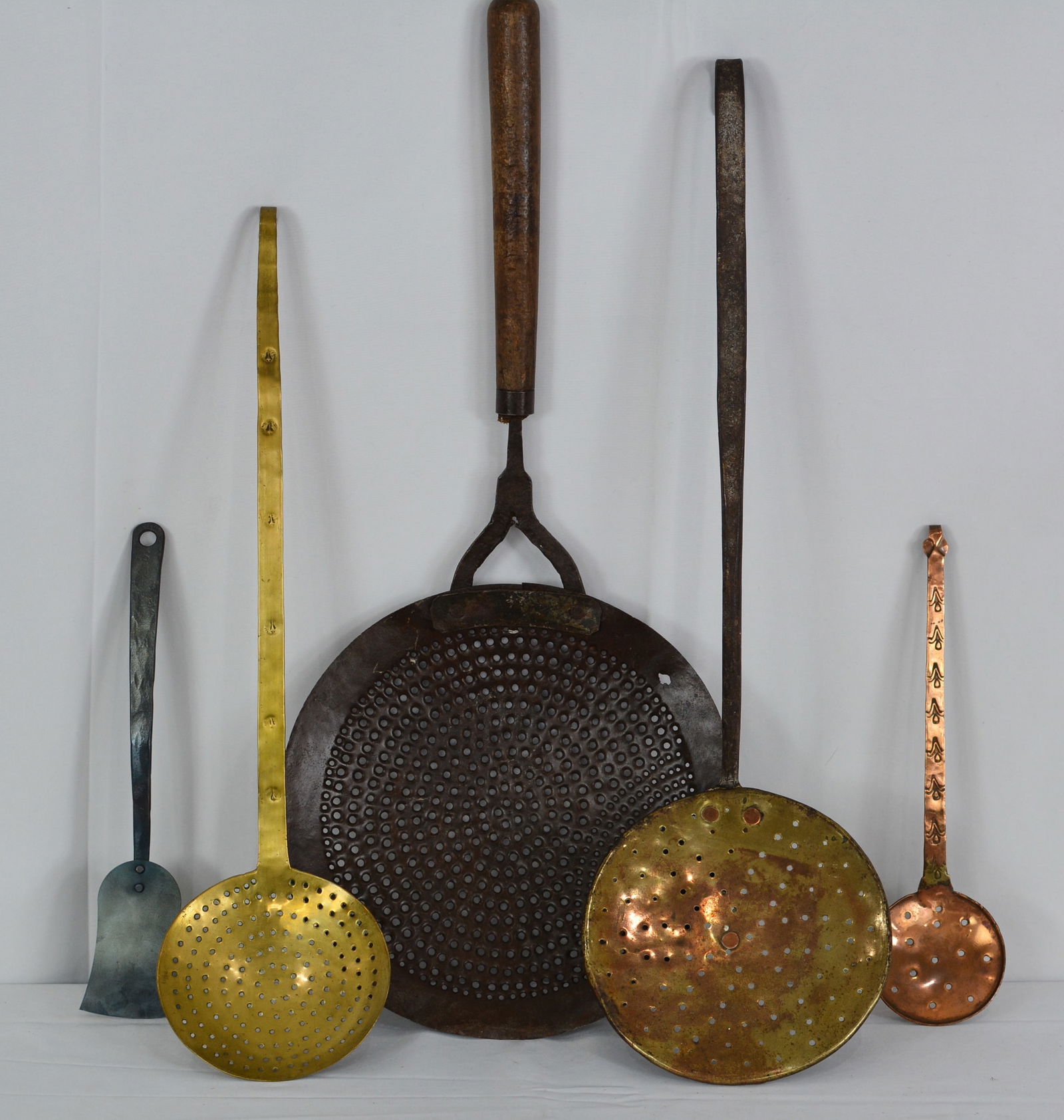 Group of 5 fireplace utensils, brass and copper, large strainer with wood handle, 11"X22" (1 of 4)