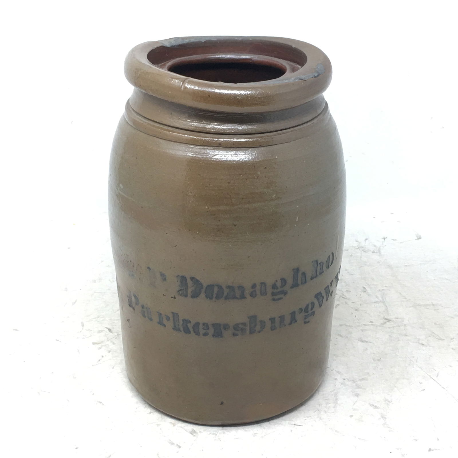 A.P. Donaghho Stoneware Wax Sealer Jar. Stenciled Parkersburg W.V. Chip on rim. 8"H (1 of 5)