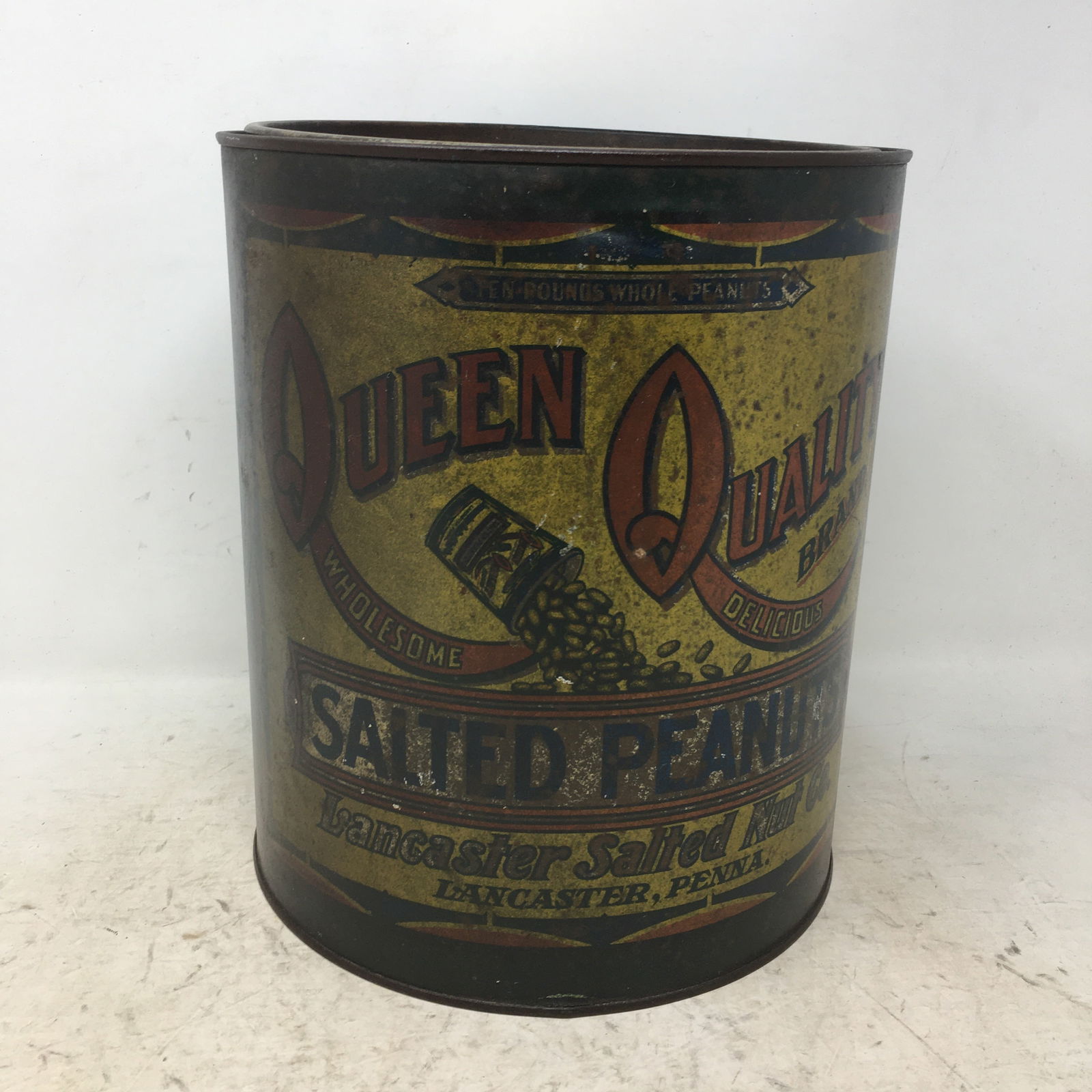 Queen Quality Salted Peanuts Tin, by Lancaster Salted Nut Co., Lancaster Pennsylvania. 8.25"D x (1 of 4)