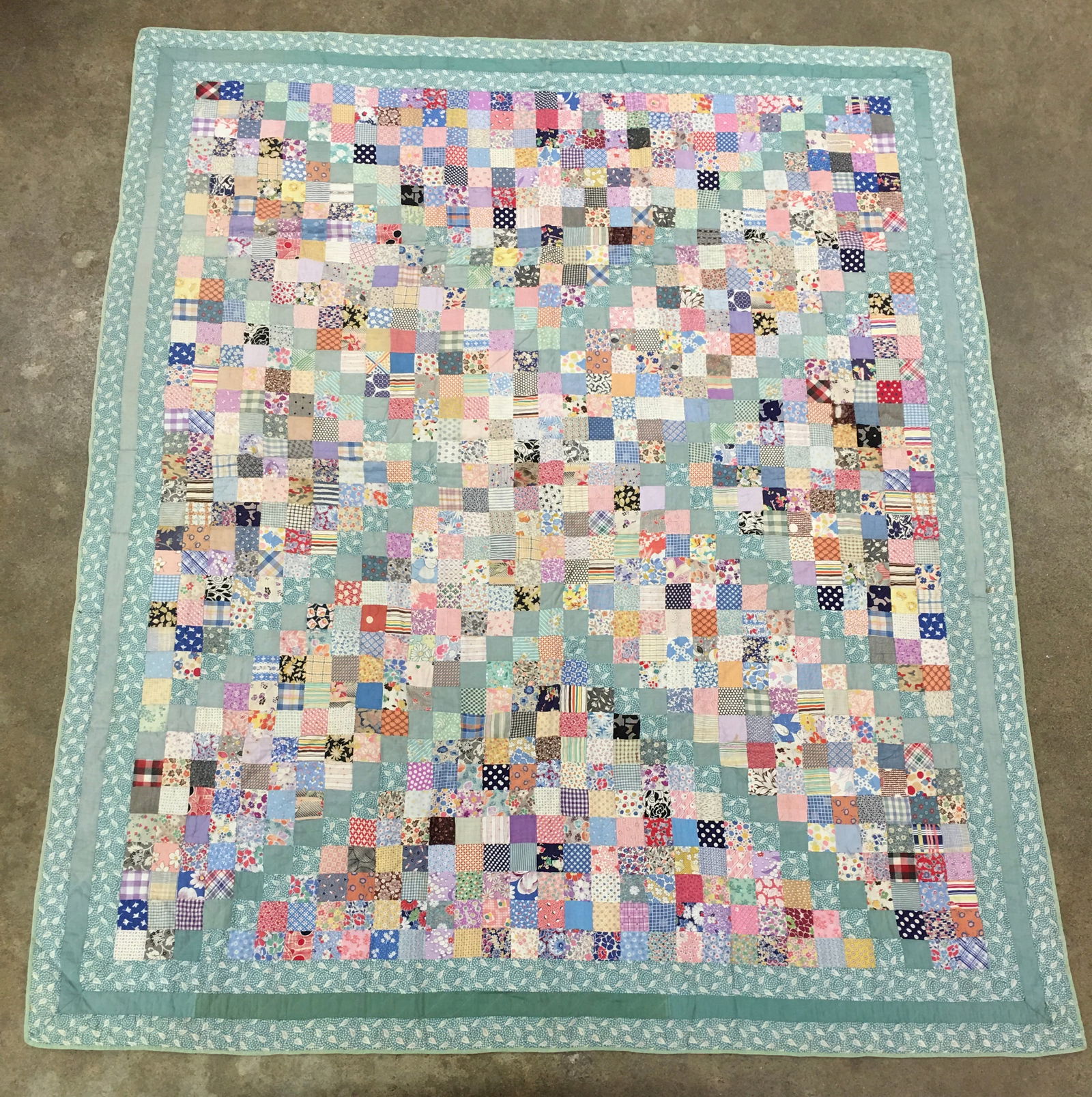 Multi-Color Patchwork Quilt, Embroidered with date Sept. 29, '44. Some light spotting & wear. 88"L x (1 of 4)