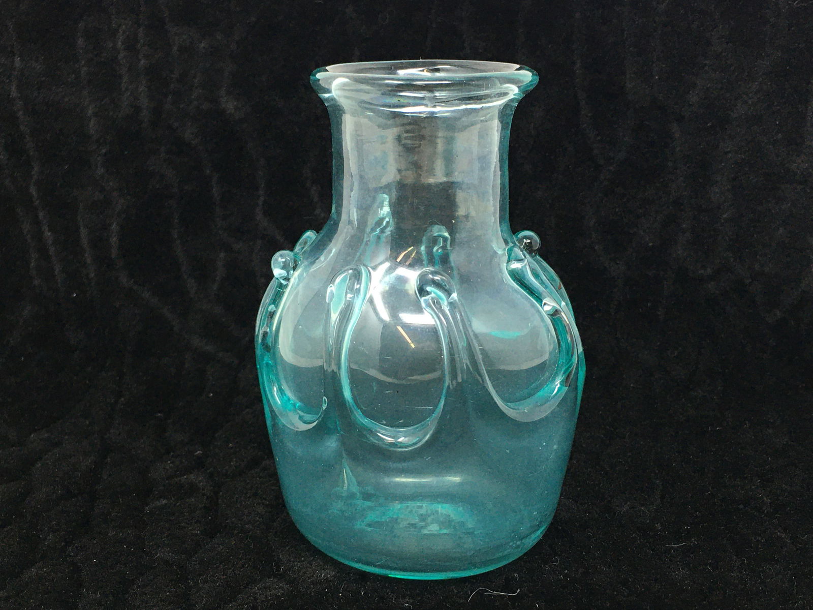 Hand Blown Aqua Lily Pad Vase, pontil mark and bubbles from manufacturing, 4.25" H x 2.75" W (1 of 3)