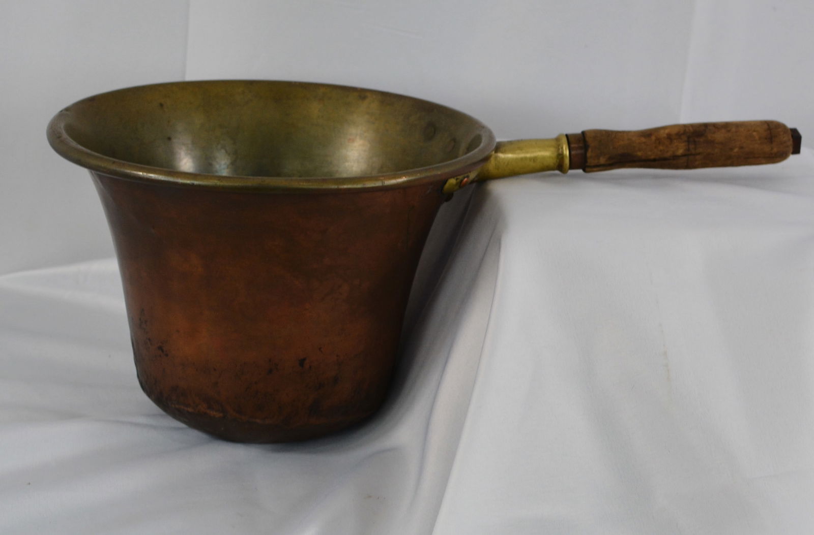 Early Copper Polenta Pot, rounded bottom, brass handle housing with wooden handle, 7"X 18"X 9" (1 of 5)