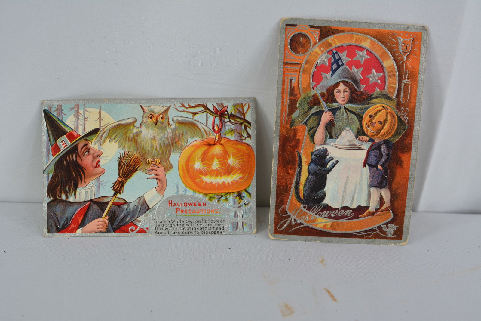 Two vintage Halloween Post Cards, witches, owls, and black cats, post marks 1909, 3"X4" (1 of 3)