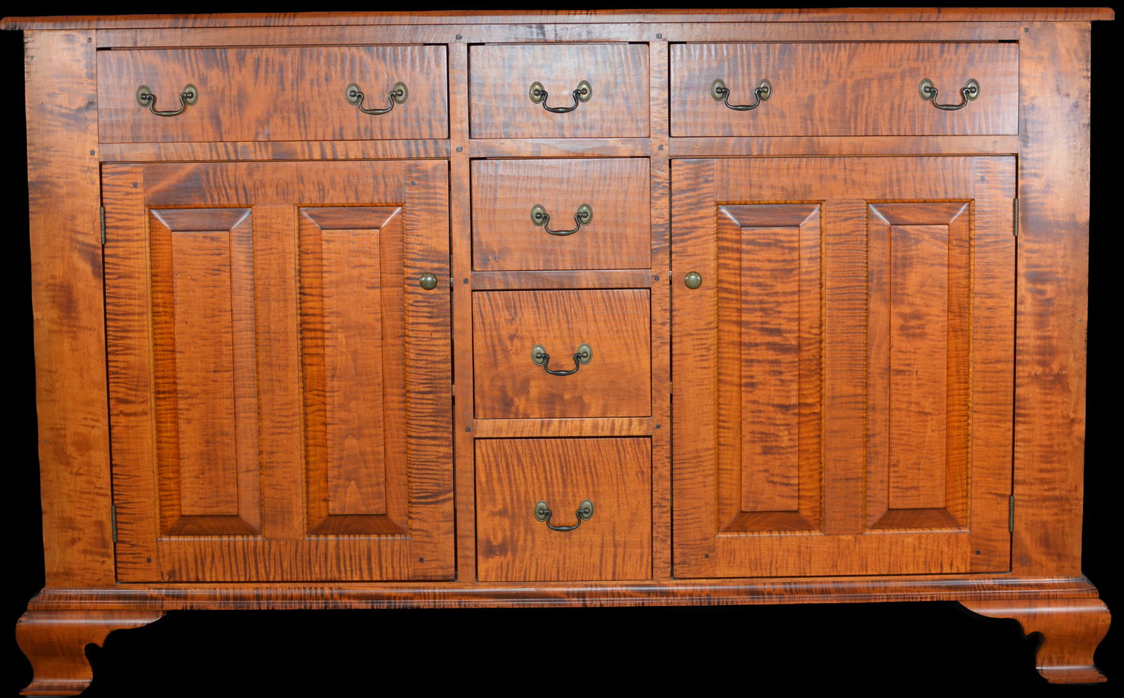 Possibly J.L. Treharn tiger maple cupboard base or sever, 6 drawers and 2 raised panel doors, (1 of 8)