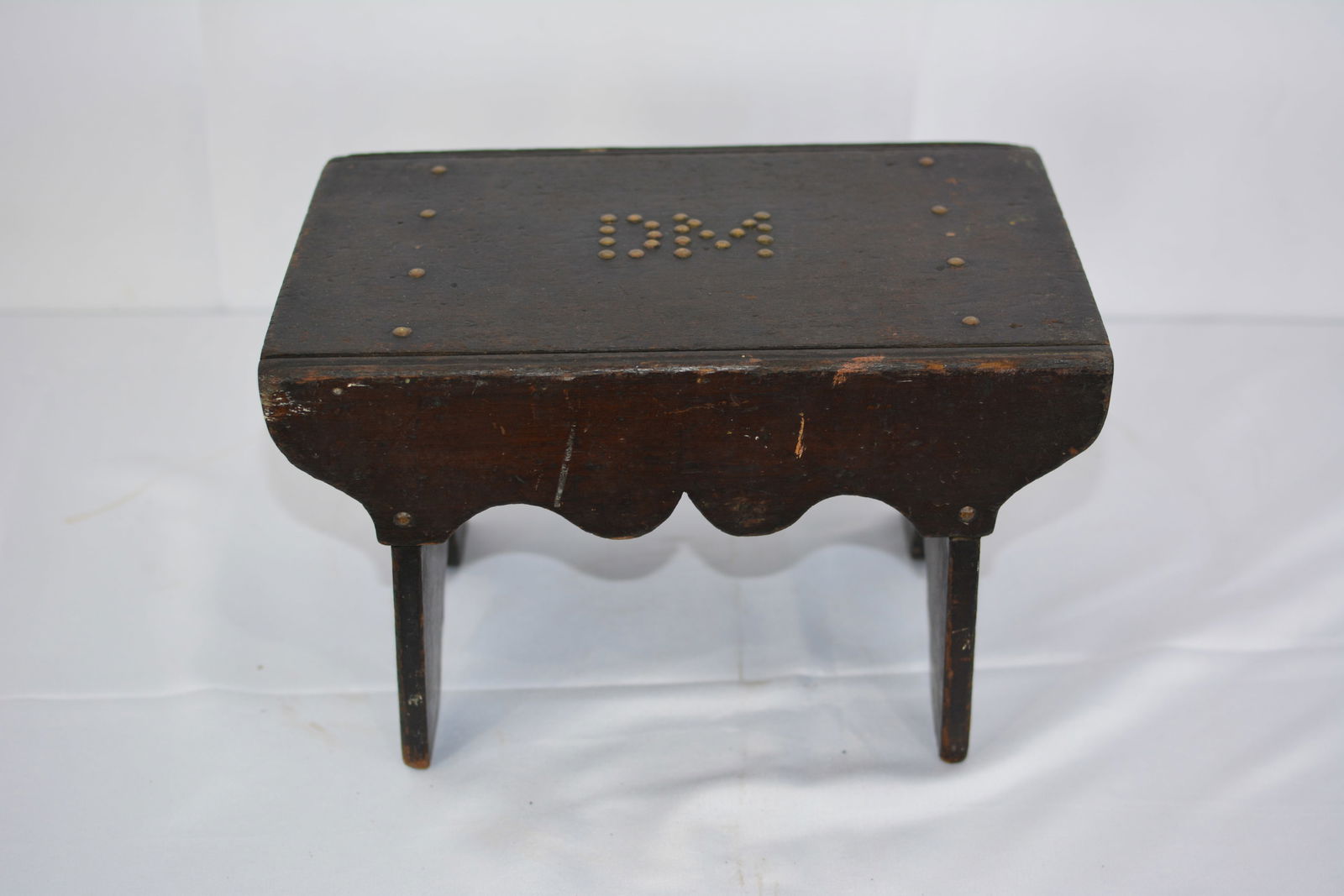 Brass Tack Foot Stool, "DM" initialed in brass tacks on top platform, 10"X8"X7": Brass Tack Foot Stool, "DM" initialed in brass tacks on top platform, 10"X8"X7"
