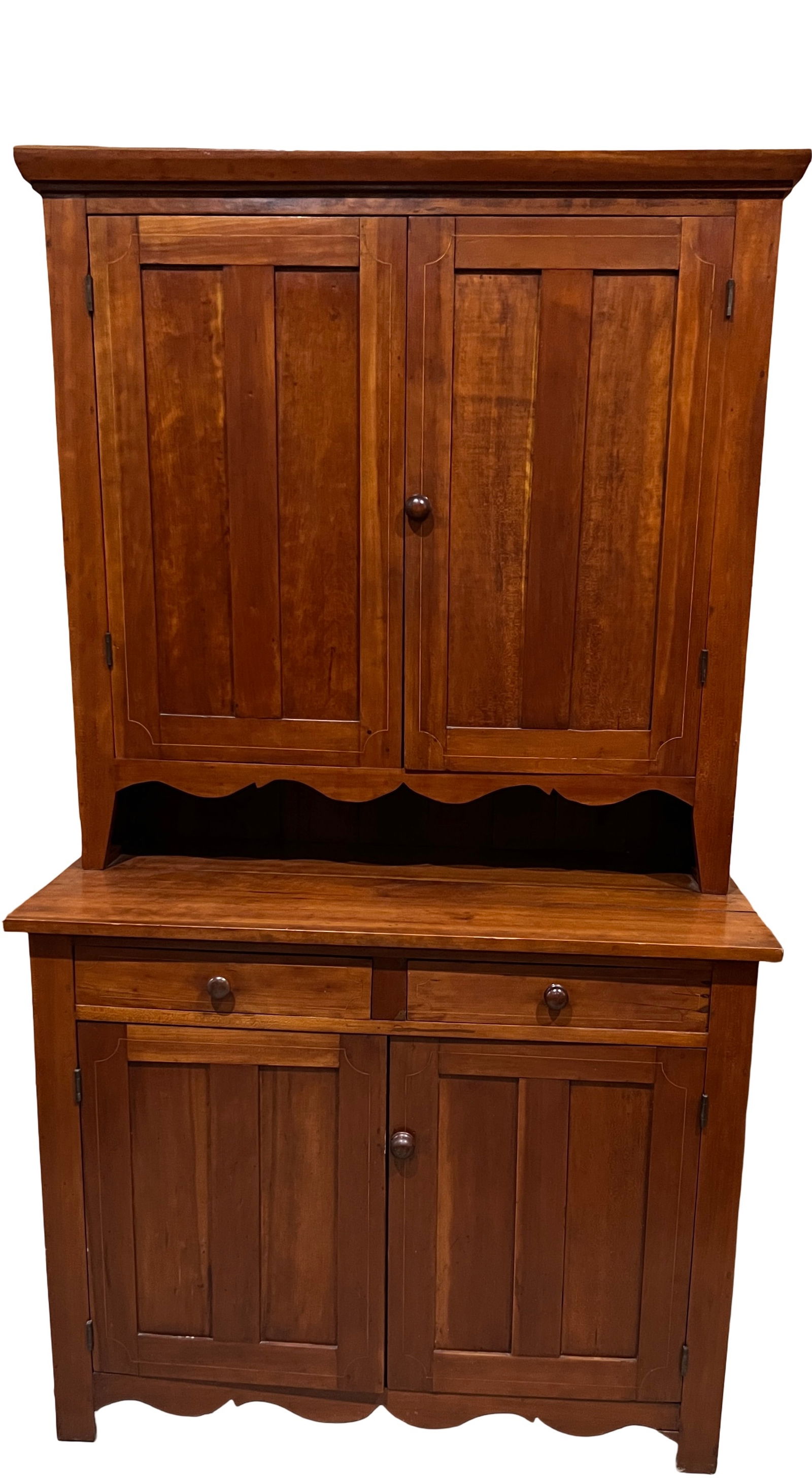 Cherry blind door stepback cupboard, 2 piece, inlaid, scalloped apron, 45"W x 79"T x 21"D (1 of 6)