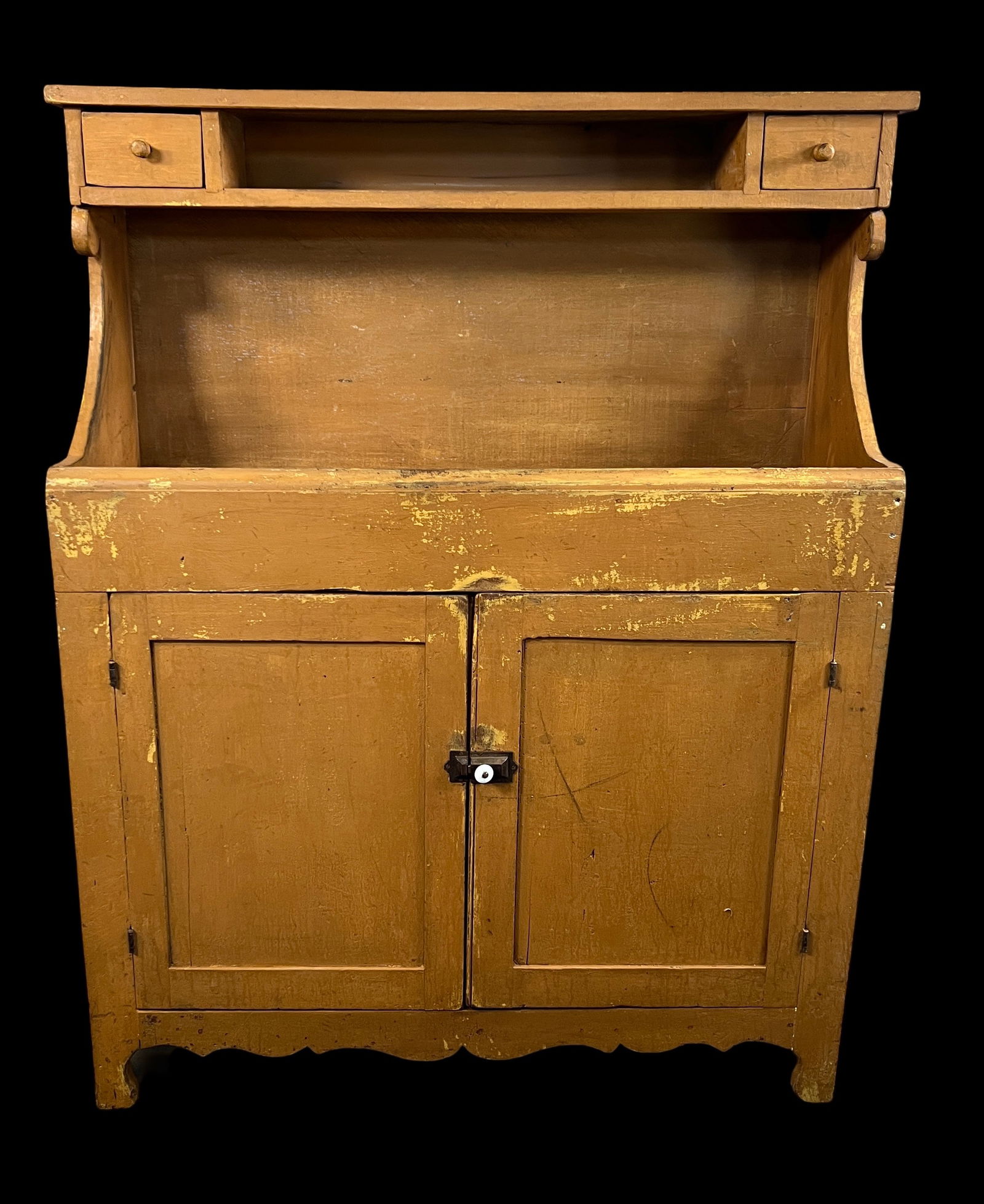 Primitive High Back Dry Sink, old mustard paint, scalloped apron, 2 small drawers in top, 42"W x (1 of 4)