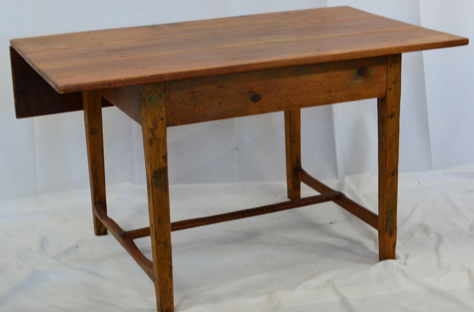 Country Pine Work Table with 1 drop leaf, has remanence of old green paint, 48"W x 27"T x 39 1/2" w/ (1 of 6)