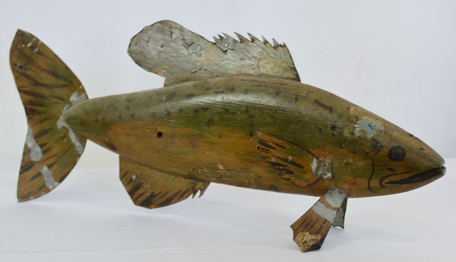 Folk Art Fish Decoy, painted wood body with tin fins, 16"X8"X2" (1 of 6)