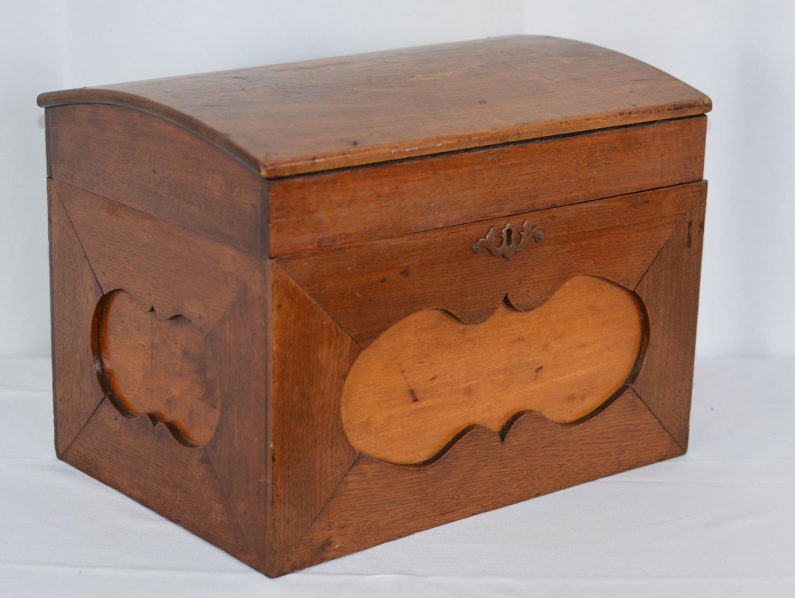 Dome Top hinged lid box, figural insert, brass hardware. Interior secondary lid. 16"W x 12"T x 10"D (1 of 1)