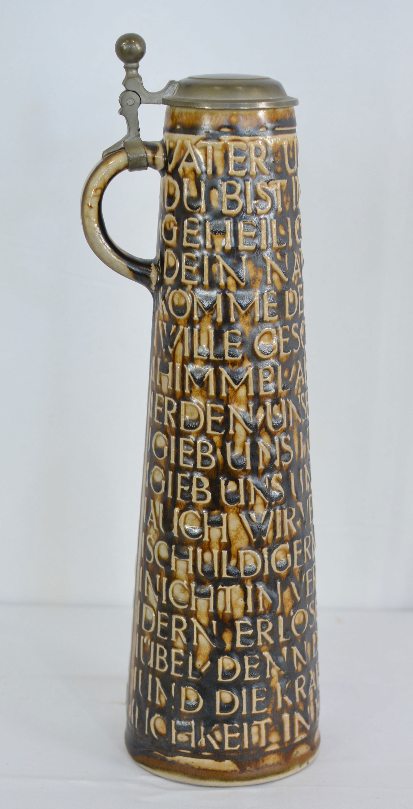 Early 1900s Lord's Prayer stein by Reinhold Merkelbach w/ hinged pewter lid. 16"T: Early 1900s Lord's Prayer stein by Reinhold Merkelbach w/ hinged pewter lid. 16"T