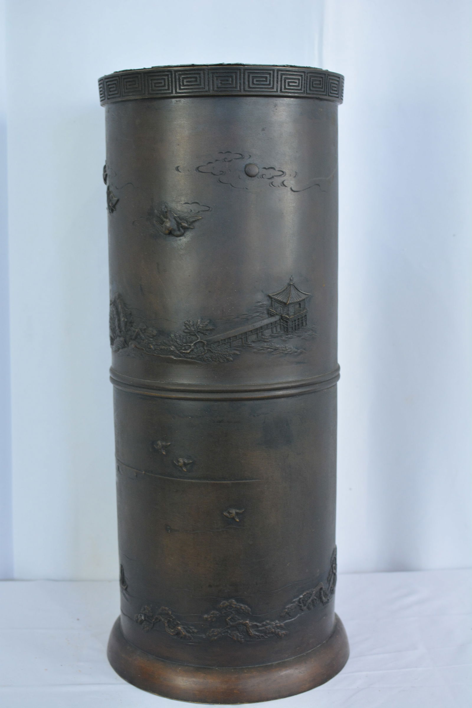 Meiji Period Japanese bronze umbrella stand. Embossed cranes, ship, temple. Bottom plates is loose. (1 of 9)