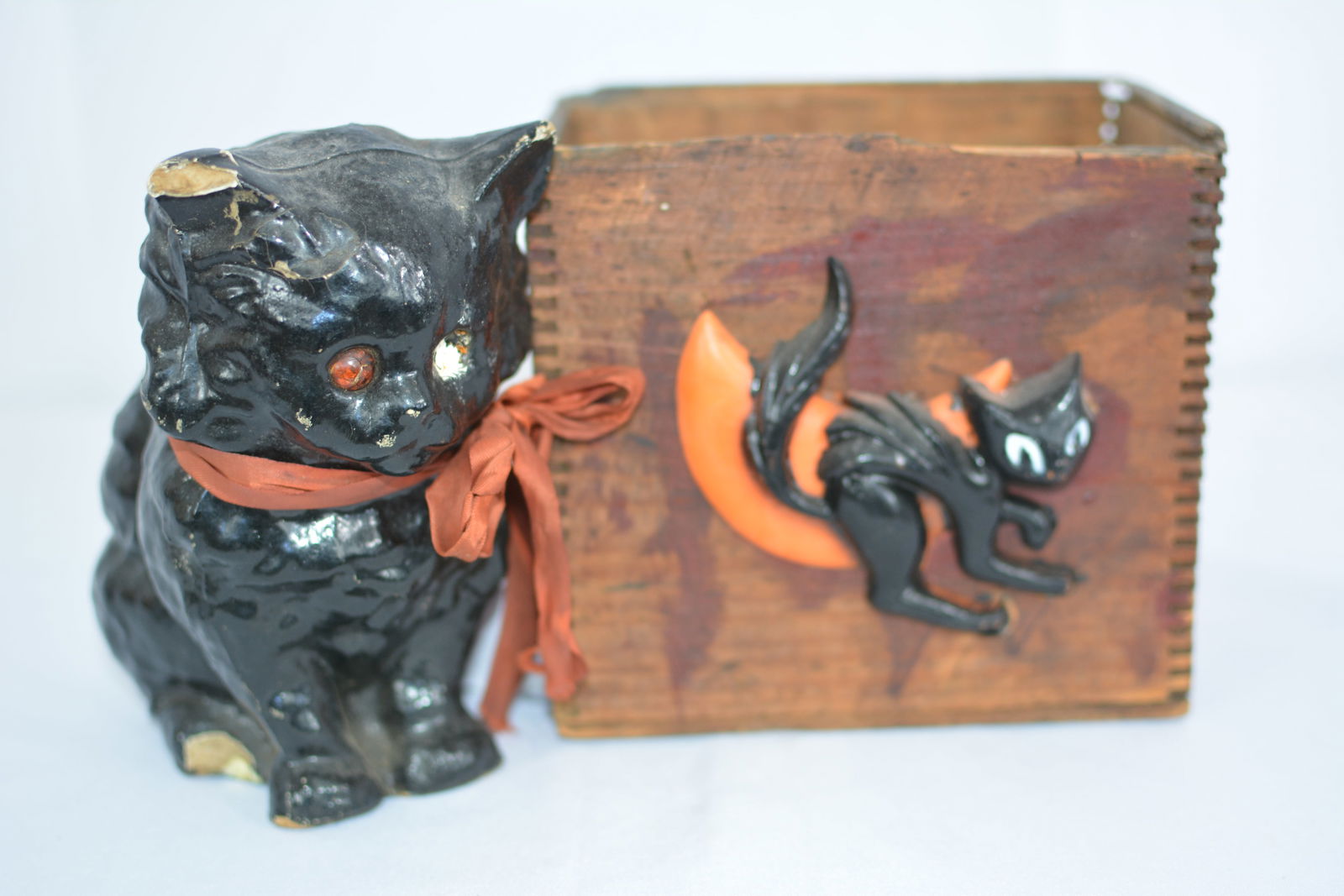 Paper Mache cat, w/one glass eye, is sand filled. Dovetailed wooden box w/ applied black cat & (1 of 4)