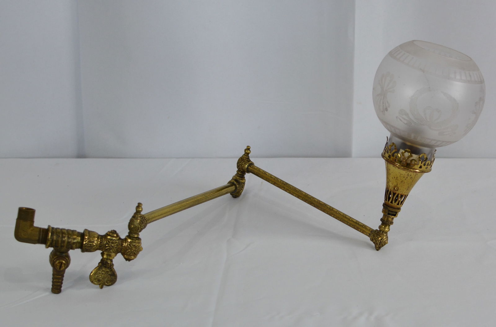 1890s Brass swing arm gas light fixture w/ etched glass globe shade. 20" x 10" folded (1 of 5)