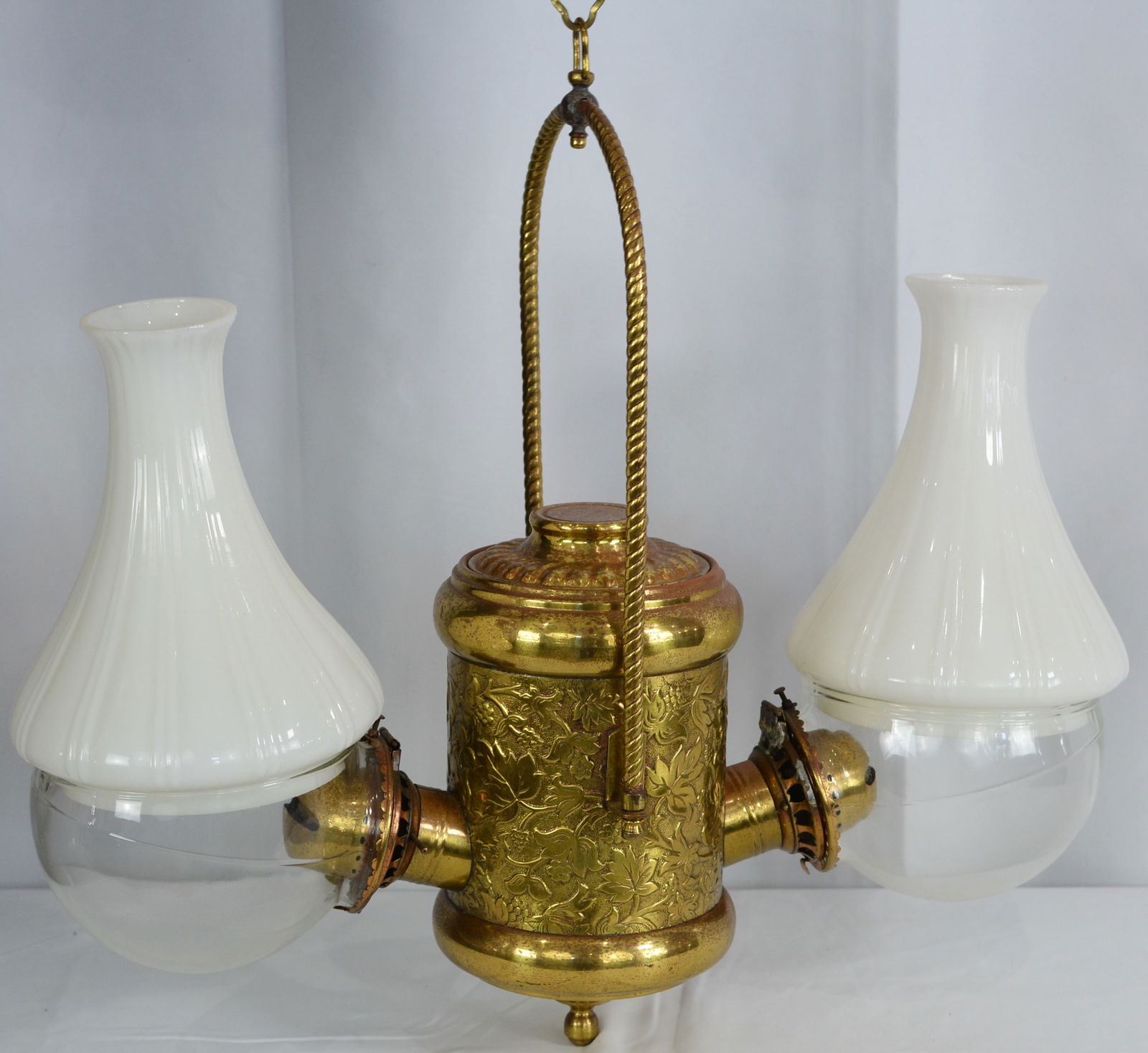 Angle Lamp Co. NY hanging brass double gas lamps w/ clear glass & milk glass bowl & shade. Tank top (1 of 10)