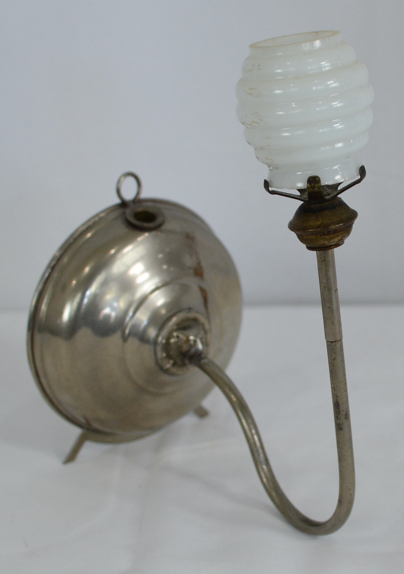 Hanging or stand kerosene night light made by Silver & Co. Brooklyn NY - paper label on back of: Hanging or stand kerosene night light made by Silver & Co. Brooklyn NY - paper label on back of tank. Has original burner & milk glass shade. 6 1/2" x 6 1/2" x 4"