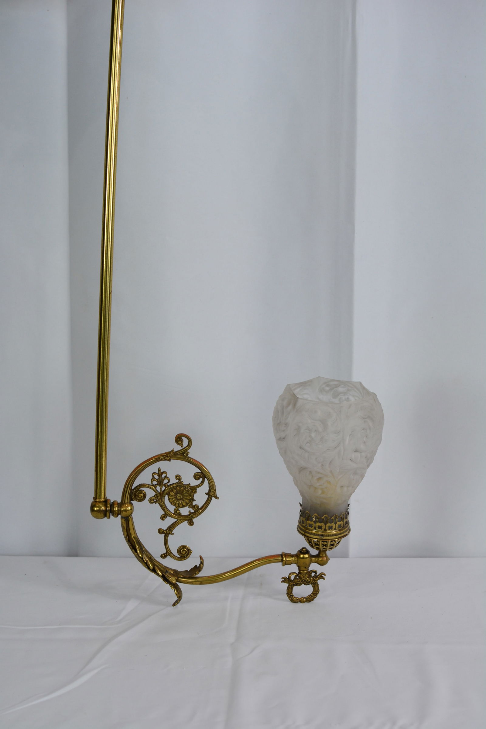 Victorian Gas Bracket Sconce - ornate brass bracket, retains gas valve, w/ frosted glass shade. 30": Victorian Gas Bracket Sconce - ornate brass bracket, retains gas valve, w/ frosted glass shade. 30" T x 10"W
