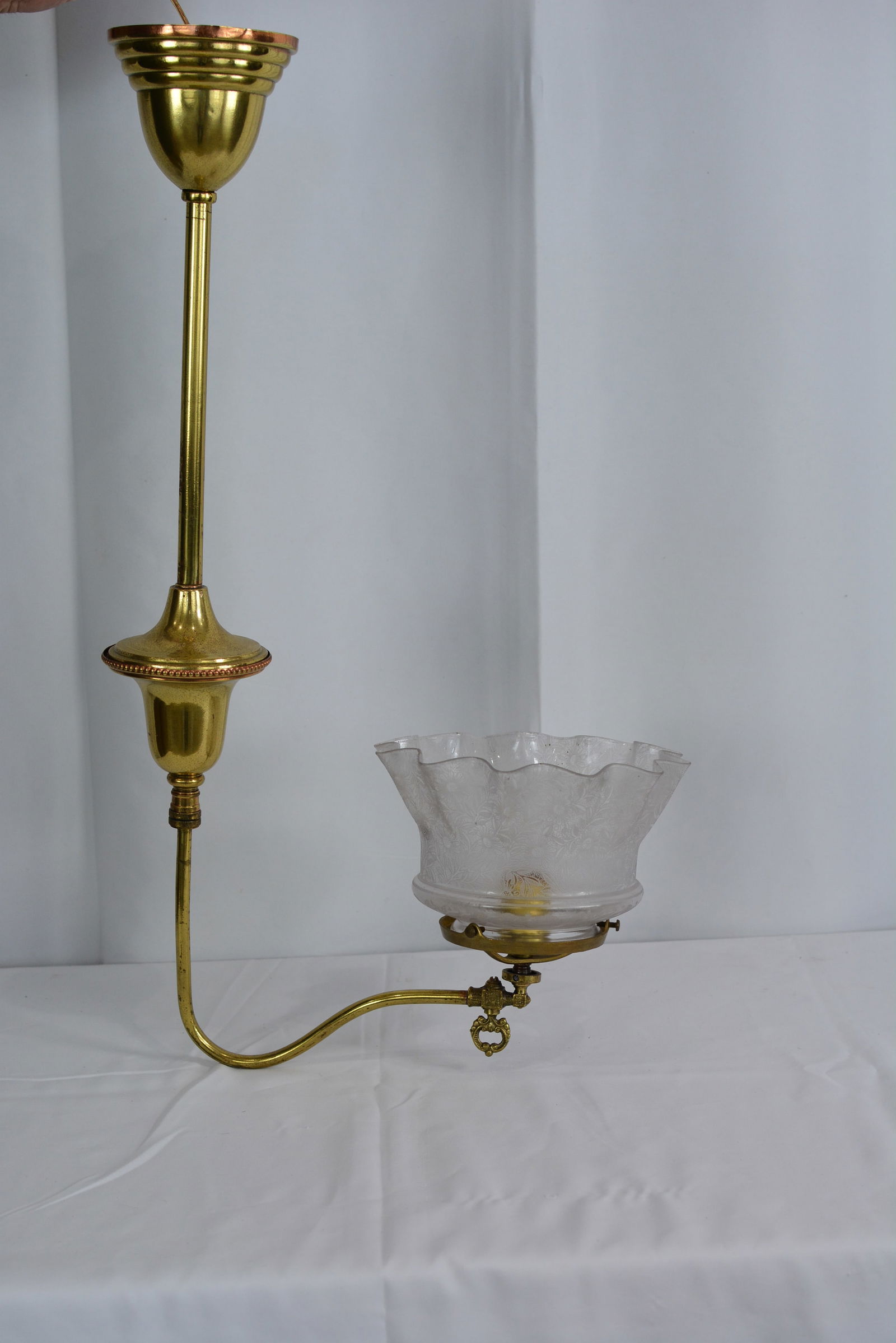 Victorian Gas Bracket Sconce - ornate brass bracket, retains gas valve, w/ etched glass shade. 30": Victorian Gas Bracket Sconce - ornate brass bracket, retains gas valve, w/ etched glass shade. 30" T x 10"W