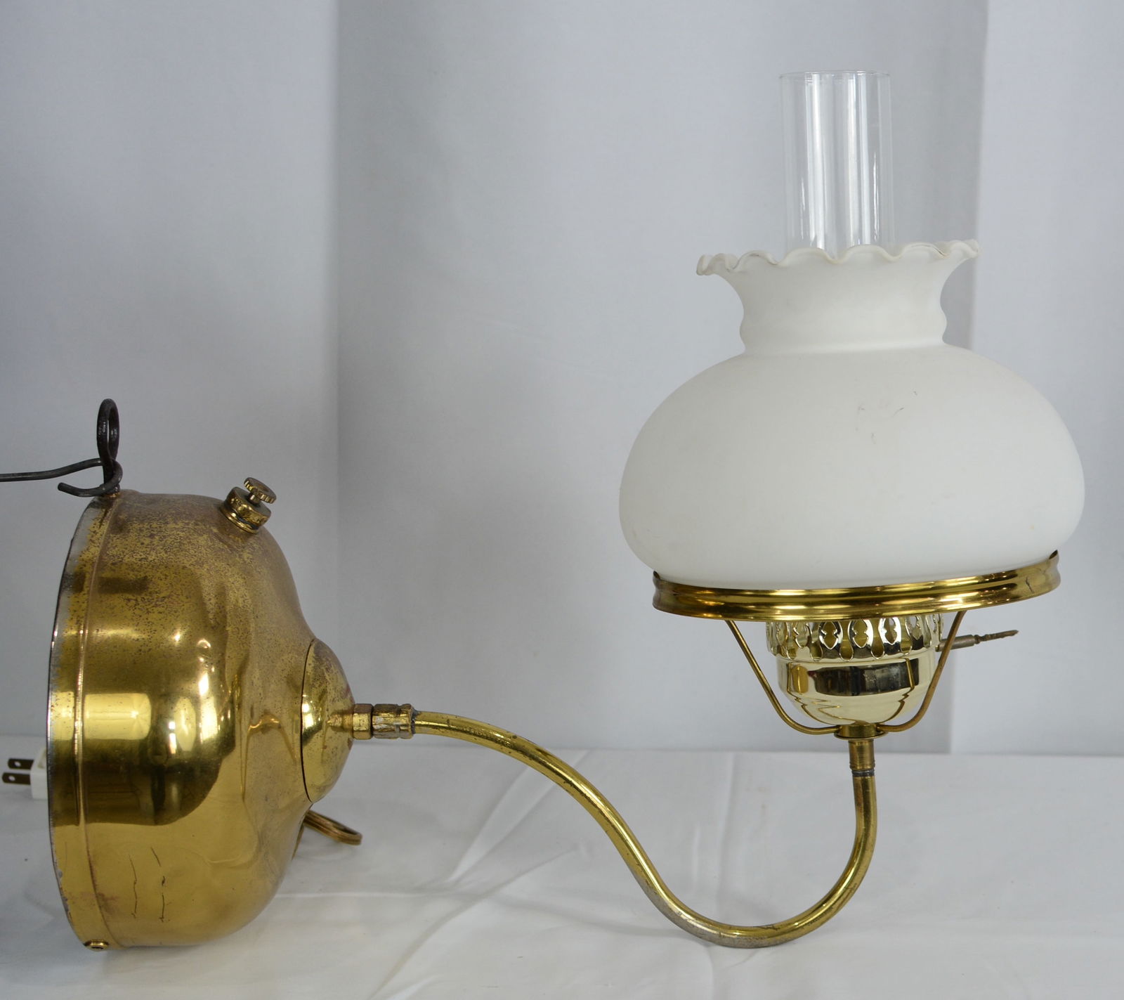 Brass Wall Sconce Lamp electrified w/ frost white glass shade. 18"W x 14"T (1 of 4)