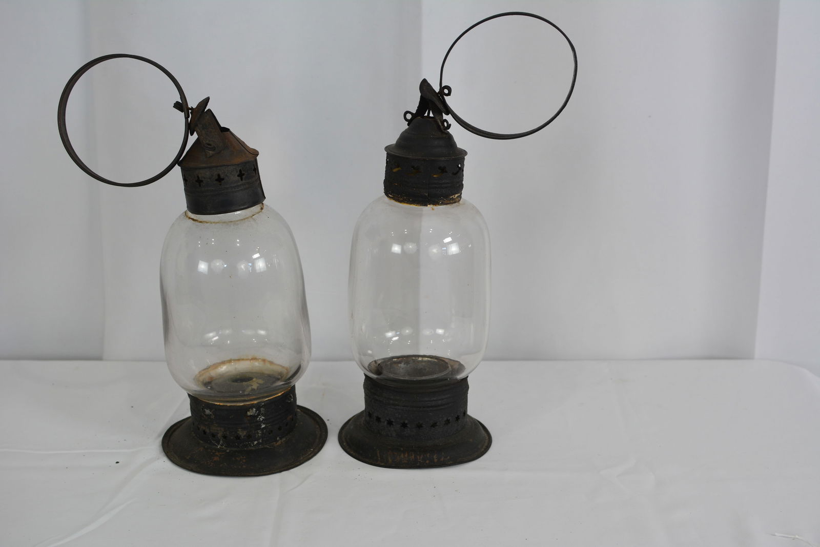 Pair of 19th Century Whale Oil Lamps tin & glass. 6" X 6" 17"T: Pair of 19th Century Whale Oil Lamps tin & glass. 6" X 6" 17"T