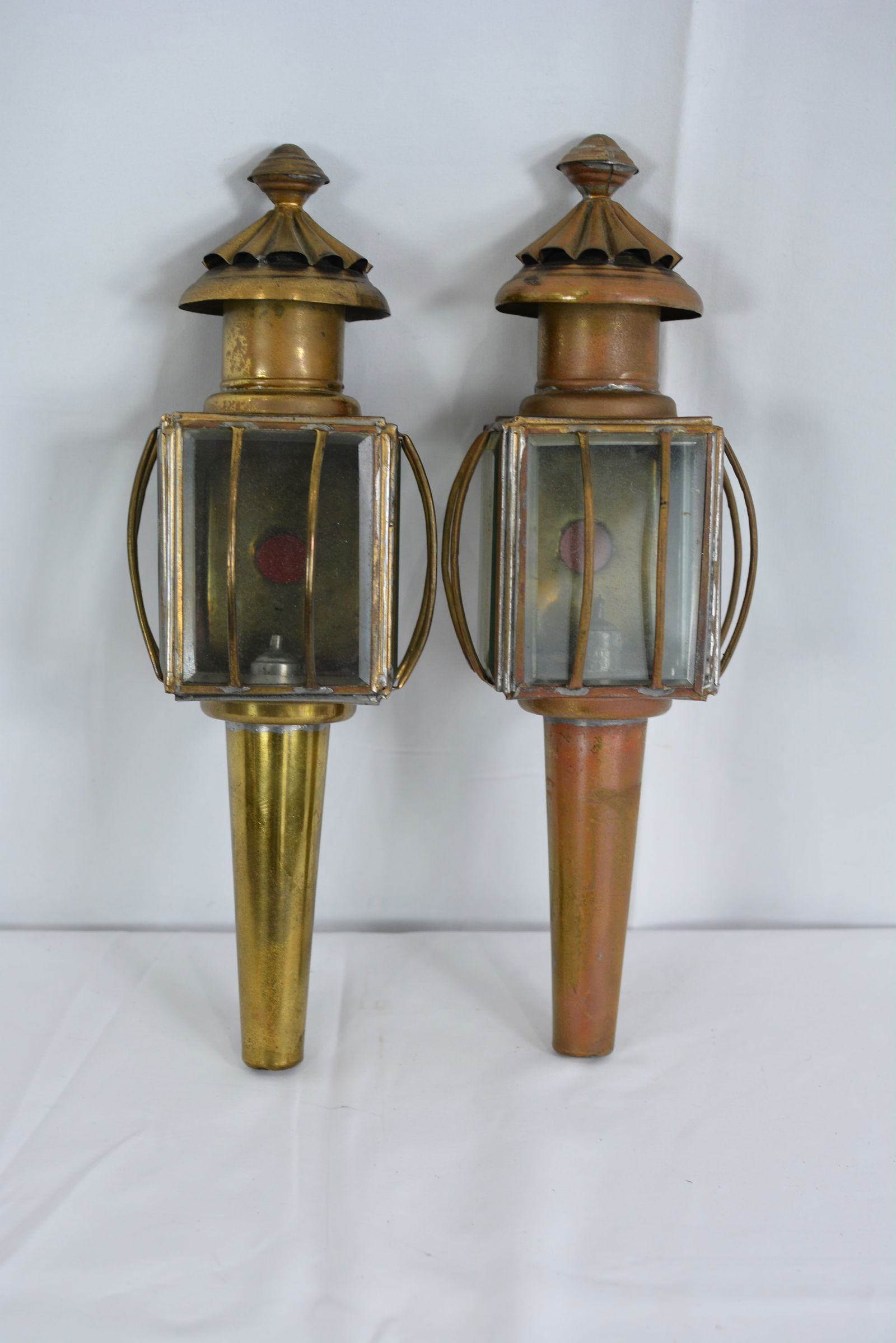 Brass carriage lanterns, beveled glass with ruby glass back. 14"T x 6"Wx 6"D (1 of 3)